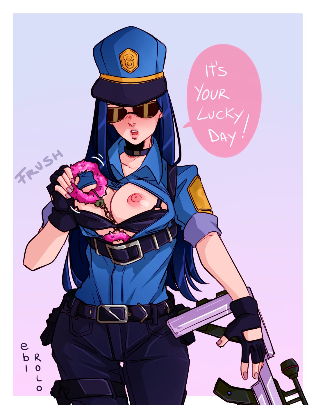 1female 1girl 1girls belt belt_buckle black_collar black_hair blue_bra blue_hair blue_hair_female blue_jeans blue_shirt bra breasts_out caitlyn_kiramman collar cops_and_robbers_series ebi_rolo female female_domination gradient_background gun handcuffs item_in_cleavage jeans league_of_legends long_hair medium_breasts officer officer_caitlyn open_mouth open_shirt pink_background pink_handcuffs pink_nail_polish pink_nails pink_nipples pink_text_box police police_hat police_uniform policewoman purple_background rifle riot_games rolled_up_sleeves rolo_ebi shirt signed solo solo_female speaker speaking sunglasses text text_bubble the_grind_series tinted_eyewear weapon wearing_sunglasses white_skin white_skinned_female white_teeth white_text