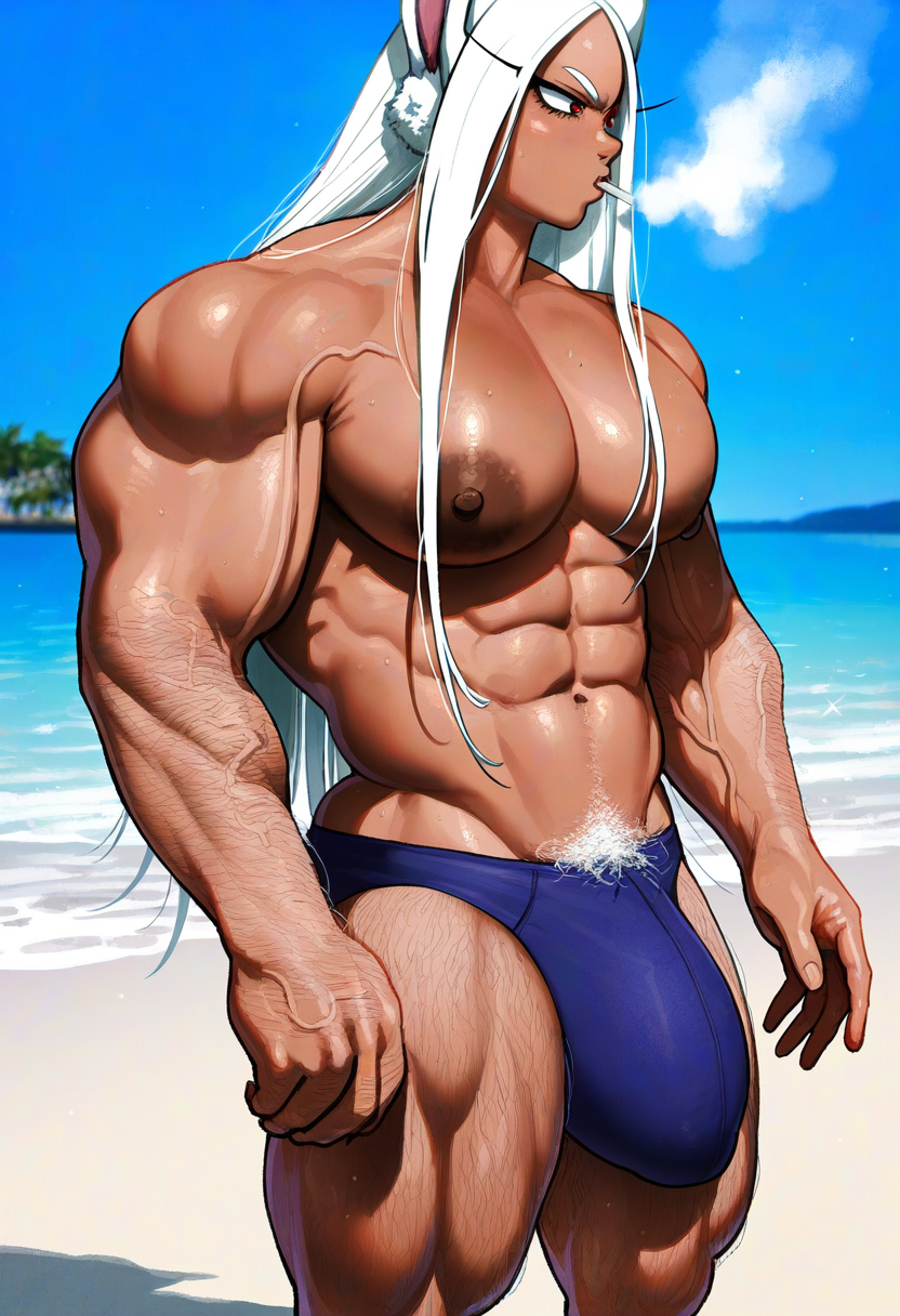 abs ai_generated ambush_(trap) balls ballsack beach bulge dark-skinned_male dark_nipples dark_skin erection erection_under_clothes gloopai large_bulge large_pecs large_pectorals male male_only miruko muscular muscular_arms muscular_legs muscular_male my_hero_academia nai_diffusion pecs pectorals penis penis_bulge pubic_hair rule_63 rumi_usagiyama solo solo_focus solo_male steam steaming_body sweat sweatdrop sweating testicles vein veins veiny veiny_arms veiny_muscles white_hair