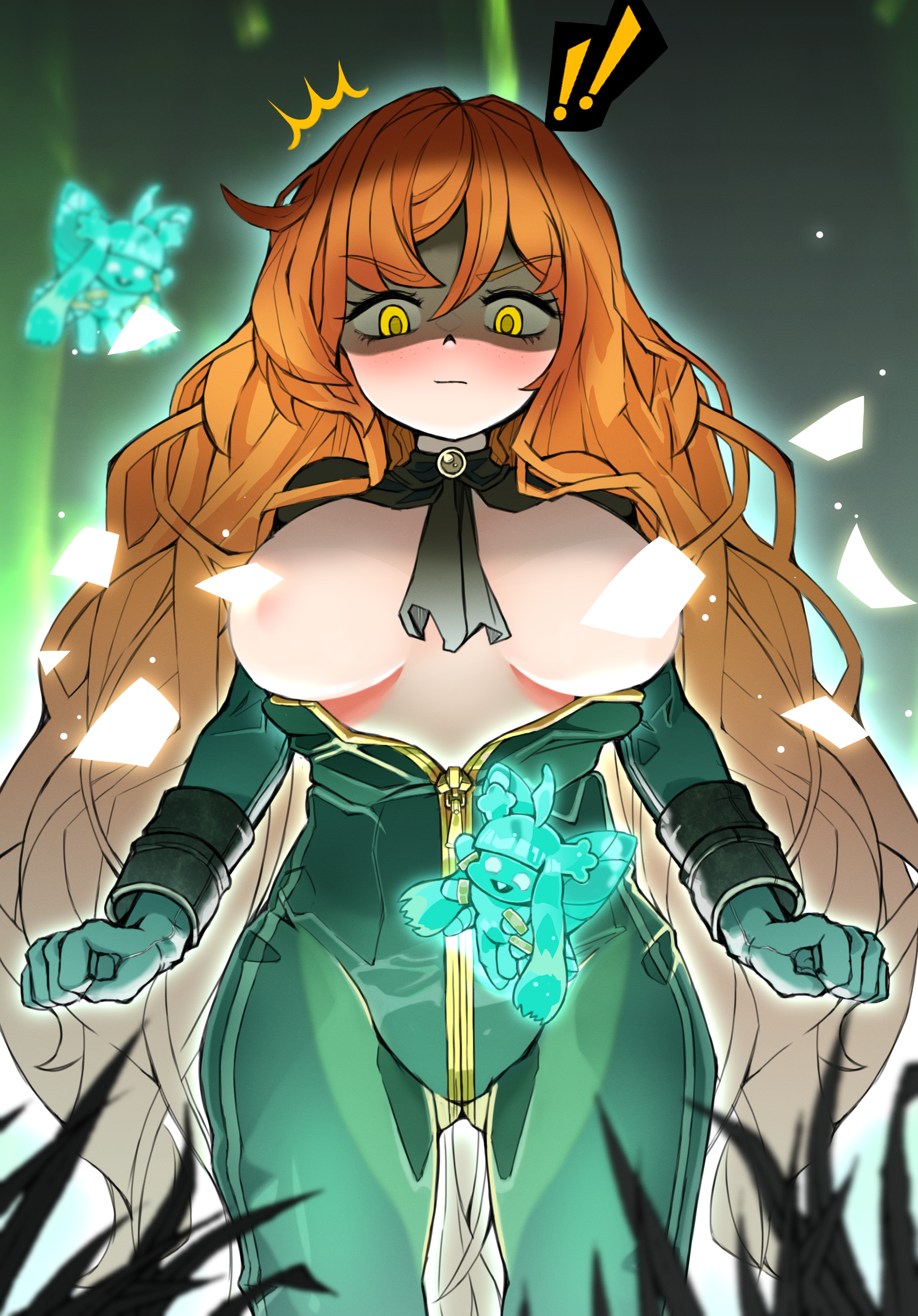 1girls, big breasts, blush, bodysuit, breasts, censored nipples, clothing, convenient censoring, fairy festival, female, freckles, ginger, ginger hair, ishmael (limbus company), limbus company, long hair, open clothes, orange hair, project moon, standing, unzipped bodysuit, very long hair