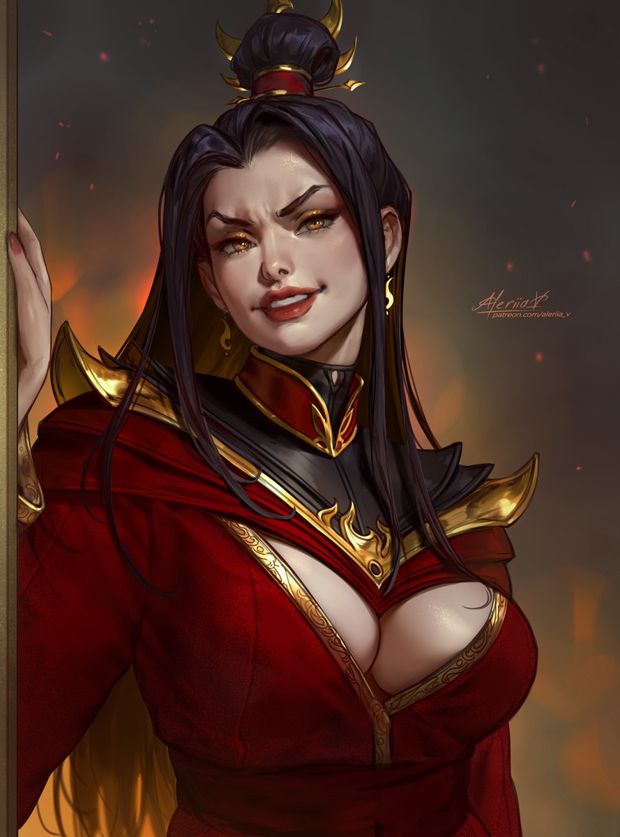 1girls aleriia_v artist_name avatar_legends avatar_the_last_airbender azula black_hair breasts cleavage commentary crown earrings embers english_commentary evil_smile eyeliner female fire_nation golden_eyes hair_bun hair_over_breasts highres jewelry large_breasts lipstick long_hair looking_at_viewer makeup patreon_username princess red_lips red_lipstick royalty signature single_hair_bun smile solo teeth topknot upper_body yellow_eyes