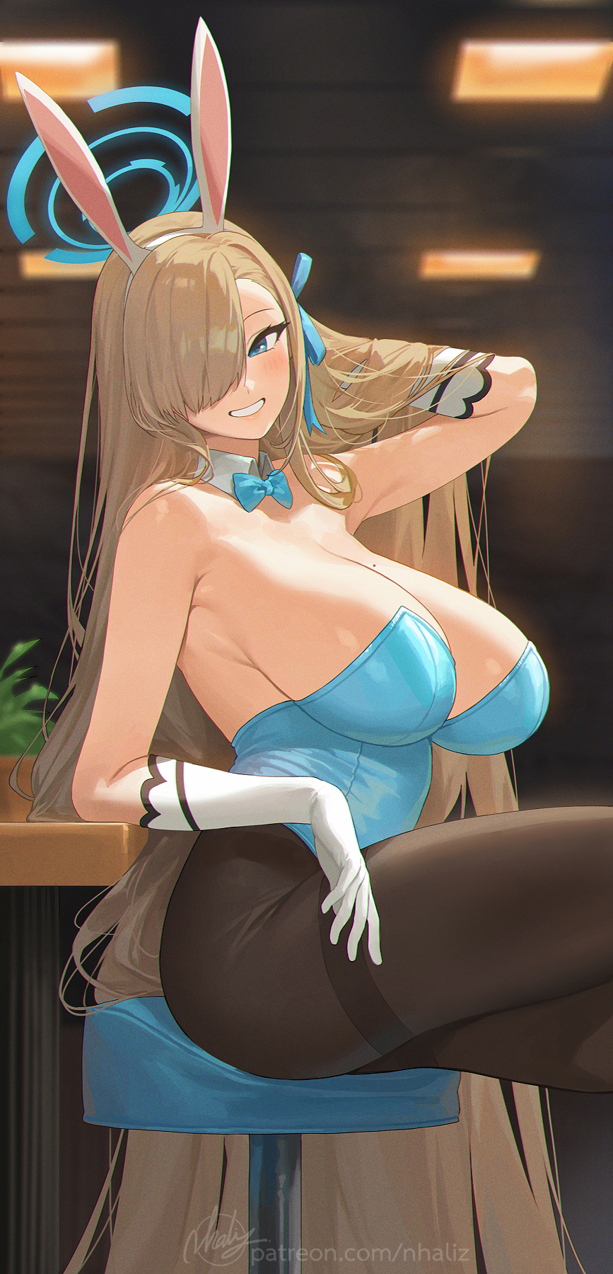 absurdly_long_hair animal_ears artist_name asuna_(blue_archive) asuna_(bunny)_(blue_archive) bare_shoulders blonde_hair blue_archive blue_bow blue_bowtie blue_eyes blue_leotard bow bowtie breasts bunny_ears bunnysuit cleavage detached_collar fake_animal_ears female gloves grin hair_over_one_eye hairband halo hand_in_own_hair highres large_breasts leotard long_hair looking_at_viewer mole mole_on_breast nhaliz paid_reward_available pantyhose patreon_username rabbit_ears signature sitting smile solo stool teeth thighband_pantyhose very_long_hair watermark web_address white_gloves white_hairband