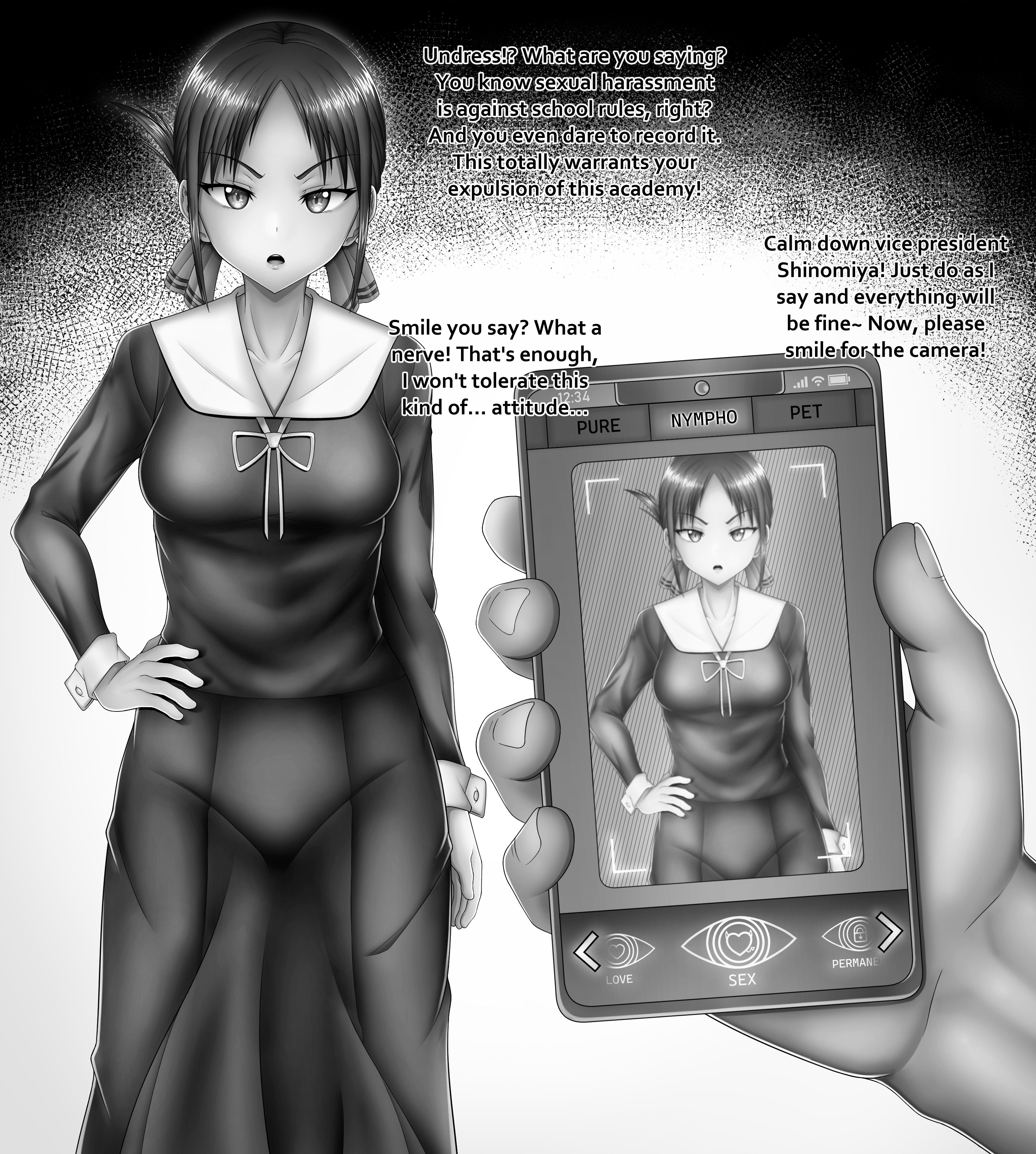1girls, angry, angry face, black hair, breasts, cellphone, female, hlxy, hypnosis, kaguya-sama wa kokurasetai ~tensai-tachi no renai zunousen~, male, male pov, pov, school uniform, schoolgirl, shinomiya kaguya, uncolored