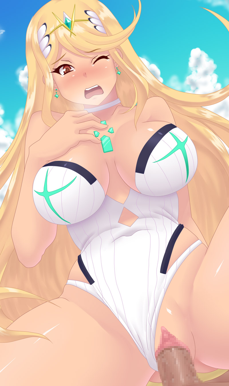 1boy bare_shoulders blonde_hair blush breasts brown_eyes censored choker cleavage cloud collarbone covered_navel earrings eyebrows_visible_through_hair female hair_ornament jewelry kihaiu large_breasts long_hair mythra_(xenoblade) nintendo nose_blush one-piece_swimsuit one_eye_closed open_mouth penis pussy sex sky spread_legs swimsuit swimsuit_aside tiara tongue upper_teeth vaginal_penetration very_long_hair xenoblade_(series) xenoblade_chronicles_2