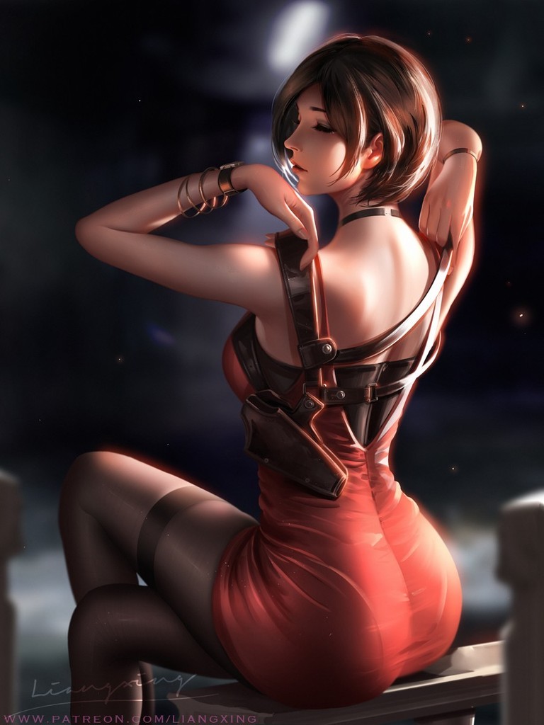 1girls, ada wong, ada wong (adriana), ass, biohazard, bracelet, bracelets, brown hair, capcom, closed eyes, clothing, dress, eyes closed, female, female only, from behind, fully clothed, legs crossed, liang xing, red dress, resident evil, resident evil 2, resident evil 2 remake, short hair, sitting, solo, stockings, underwear