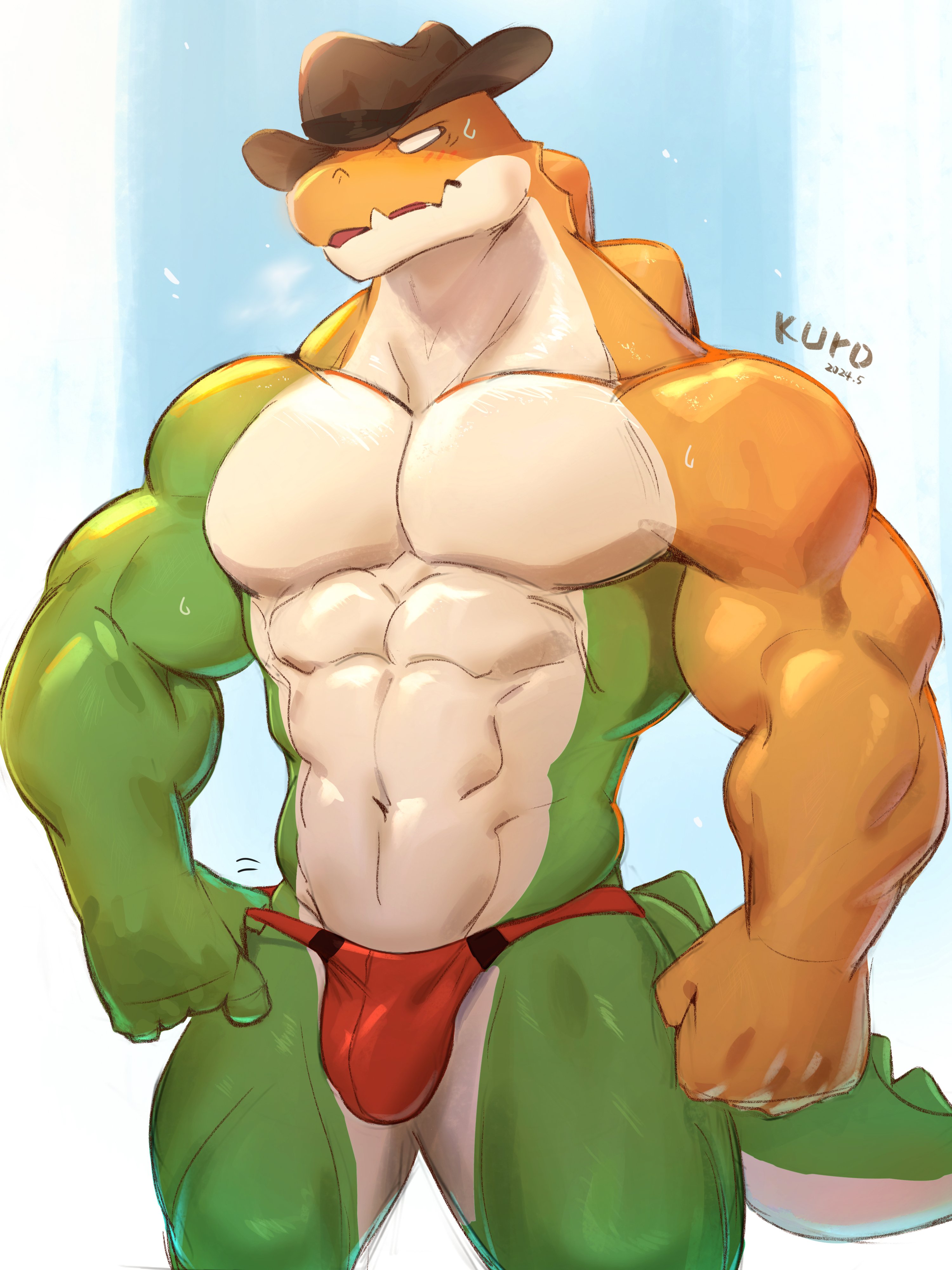 abs, anthro, bulge, candy, clothing, cowboy, cowboy hat, crocodile, crocodilian, crocodylid, dessert, detailed bulge, featureless chest, food, food creature, genital outline, glitch productions, gummigoo (the amazing digital circus), gummy (food), gummy creature, hat, headgear, headwear, hi res, jockstrap, living candy, male, male only, mostly nude, mostly nude male, muscular, muscular male, pecs, penis, penis outline, reptile, scalie, solo, the amazing digital circus, underwear, yellow body