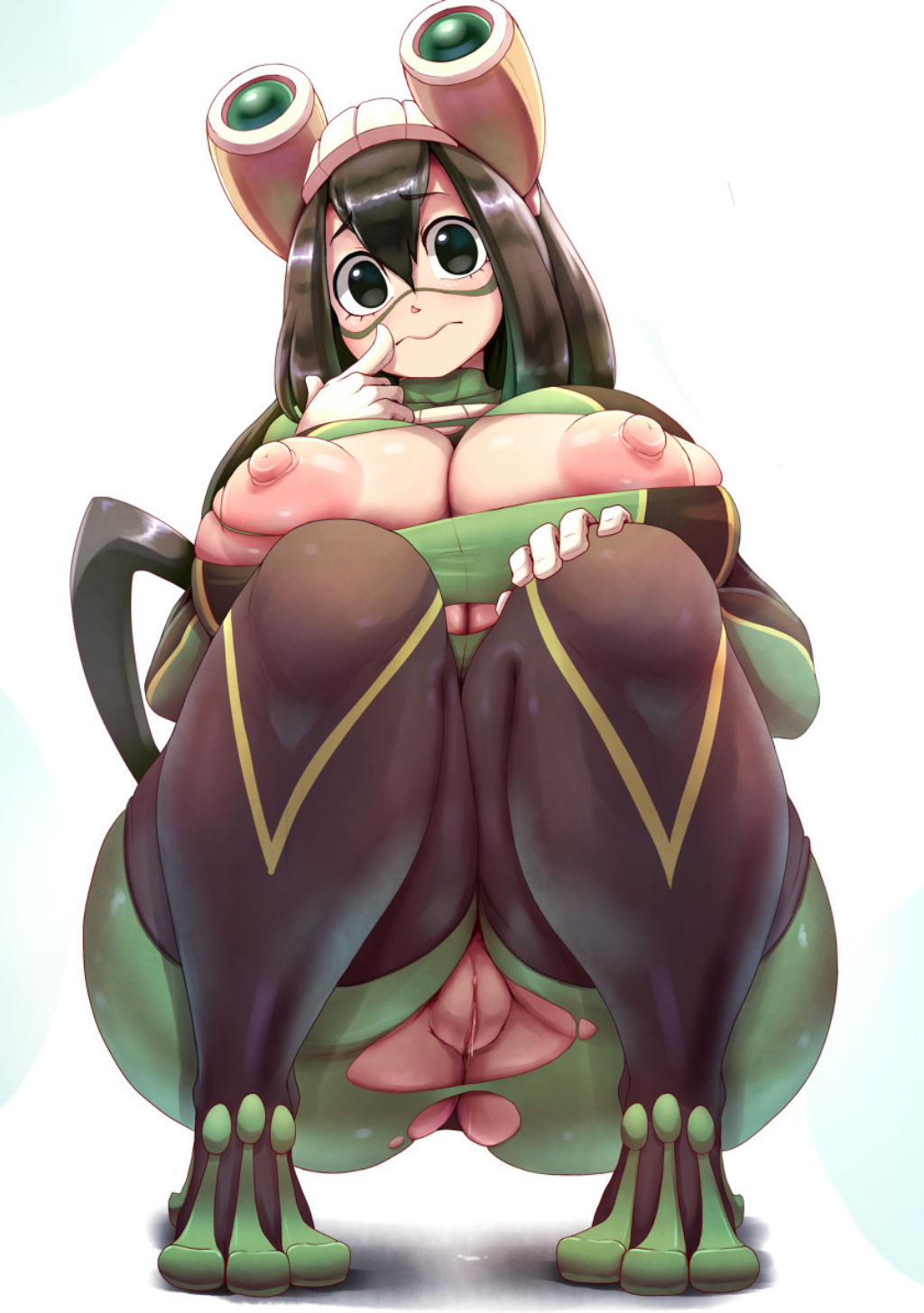 1girls ass big_areola big_breasts big_eyes big_feet big_nipples bodysuit boots breasts breasts_bigger_than_head bubble_butt dat_ass dripping female female_only frog_humanoid hero_outfit_(mha) hi_res huge_areolae huge_ass huge_breasts huge_nipples human humanoid light-skinned_female light_skin looking_at_viewer my_hero_academia nipples open_clothes pussy ripped_clothing shounen_jump skin_tight solo solo_female solo_focus spindles squatting thick_thighs tsuyu_asui voluptuous wide_hips