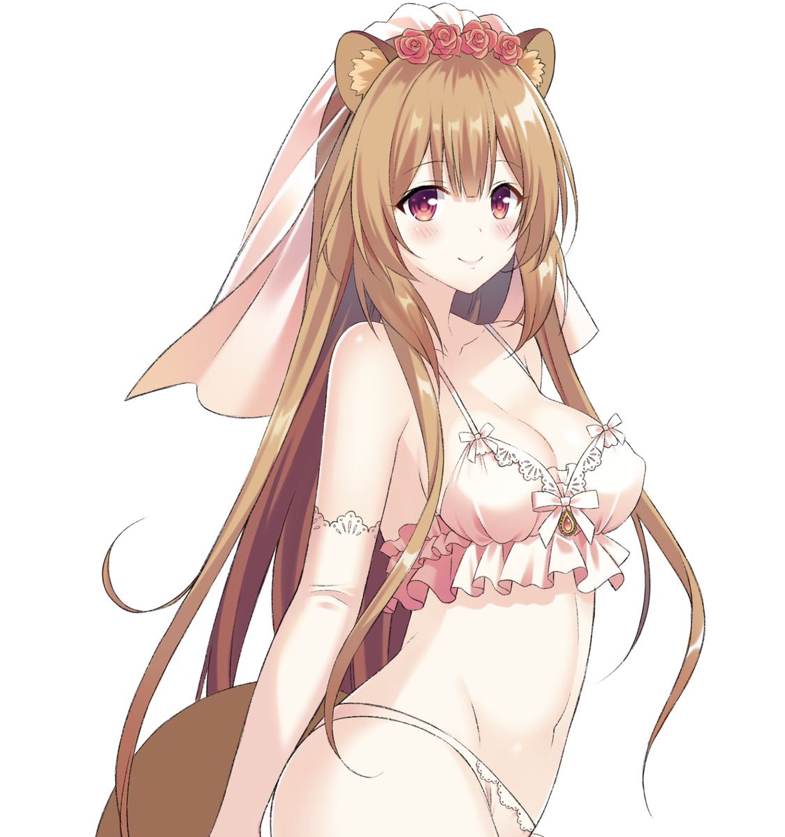 1girls animal_ears animal_humanoid artist_request blush bra breasts bridal_gloves bridal_veil brown_hair clothing female female_only lingerie long_hair panties raccoon_ear raccoon_ears raccoon_girl raccoon_tail raphtalia simple_background tate_no_yuusha_no_nariagari veil white_background