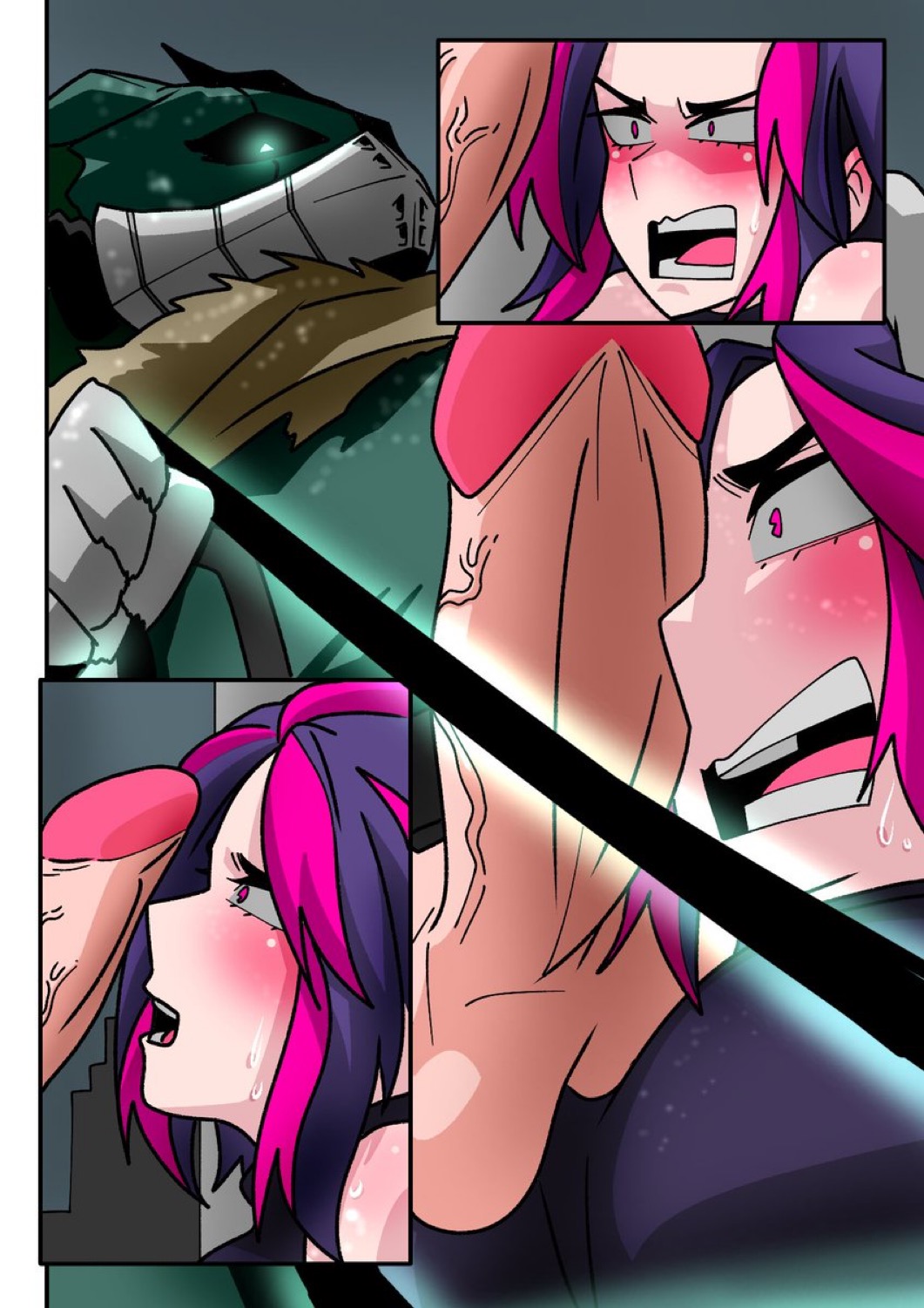 1boy 1girls binding blush forced forced_oral green_bean green_eyes hero_outfit_(mha) izuku_midoriya kaina_tsutsumi lady_nagant large_penis masked_male my_hero_academia older_female pink_hair purple_hair sweat unseen_male_face veiny_penis younger_male