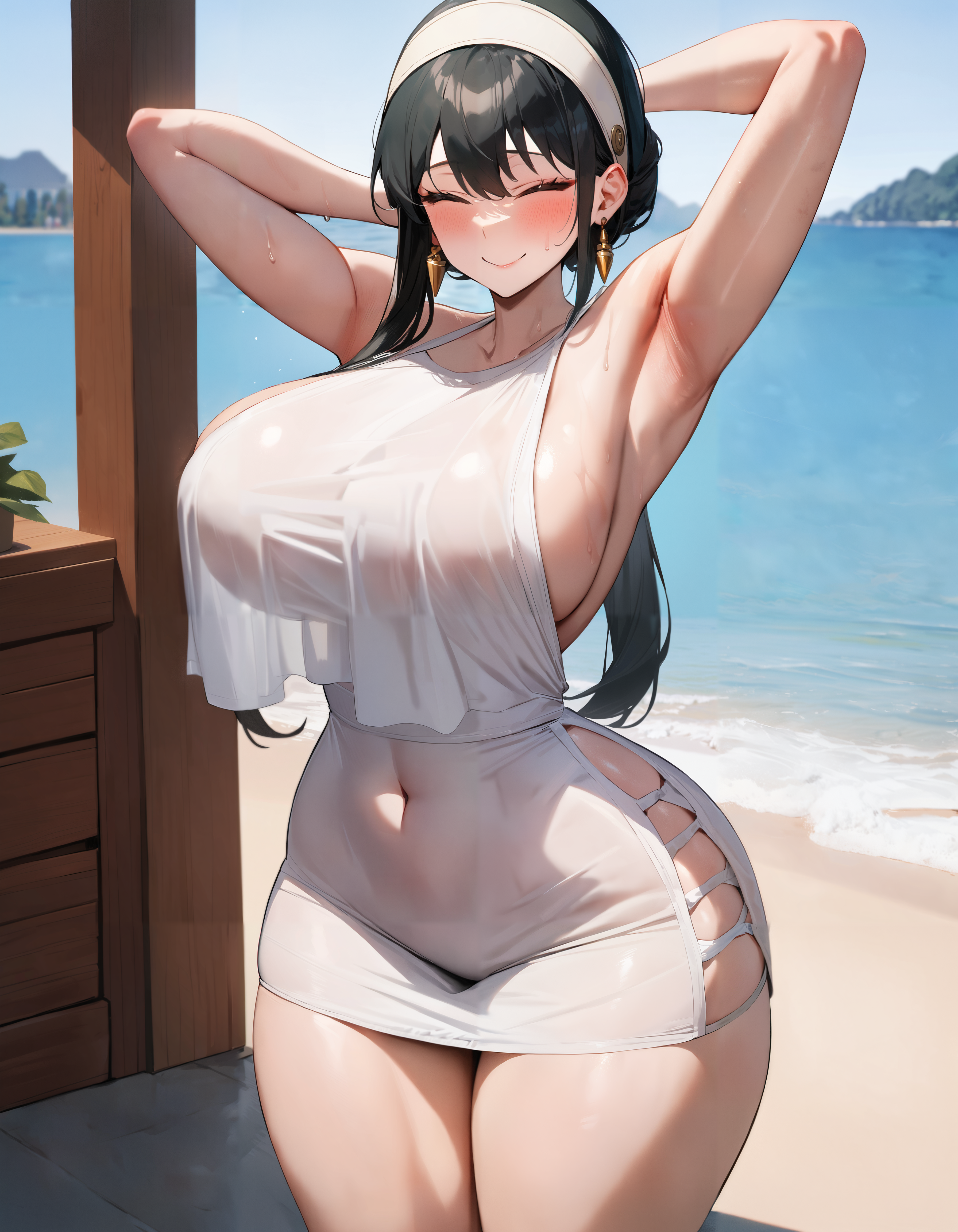 1girls, absurd res, ai generated, alternate breast size, beach, bikini, blush, breasts, closed eyes, curvy, detailed background, earrings, female, gigantic breasts, headband, huge breasts, jewelry, mappa, mature female, narrow waist, oversized clothes, smiling, solo, spy x family, stable diffusion, standing, stretching, summer, thick thighs, wide hips, xenomon, yor briar