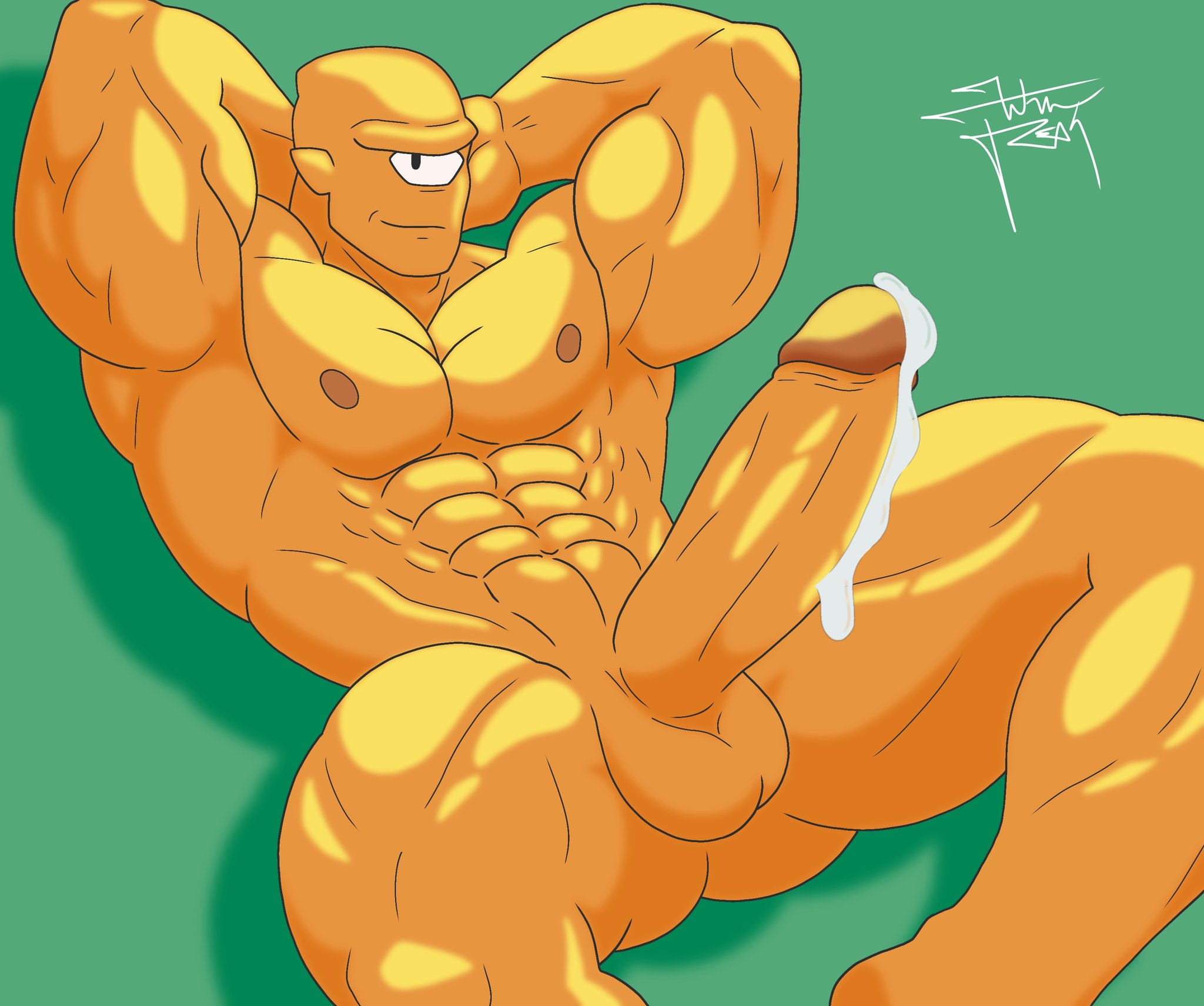 1 eye, alien, allen the alien, balls, bara, big penis, boner, cum, erection, hands behind head, invincible, lewd wfreak, male, male only, muscles, muscular, nude, orange body, orange skin, penis, solo, solo male, yaoi