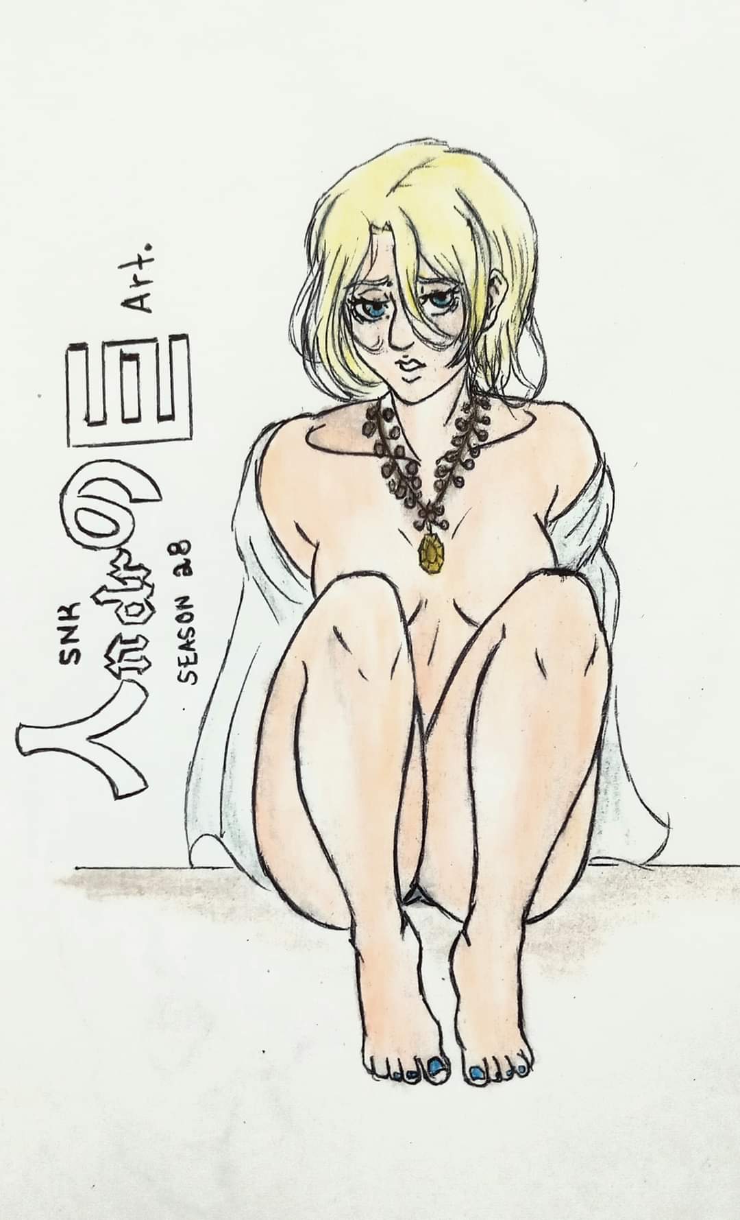 1girls annie_leonhardt attack_on_titan barefoot blonde_hair blonde_hair_female blue_eyes blue_eyes_female hair_down hand_drawn legs_covering_chest looking_at_viewer mostly_nude mostly_nude_female necklace necklace_between_breasts painted_toenails partially_clothed partially_clothed_female pencil_(artwork) shingeki_no_kyojin snk_andree_art solo_female traditional_media_(artwork)