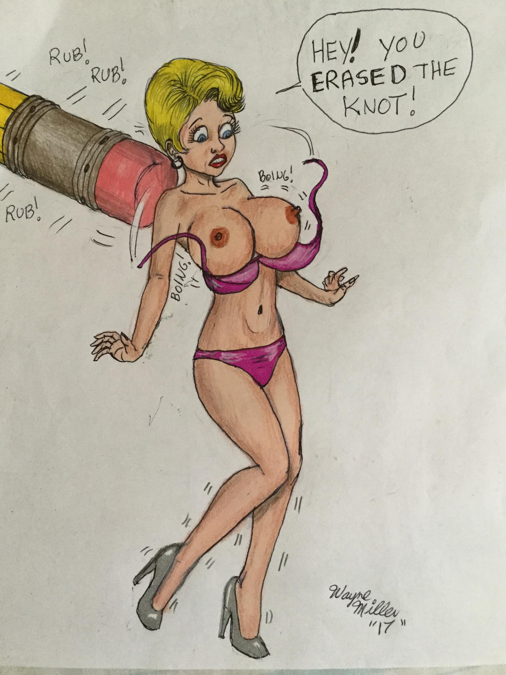 artist_affecting_reality assisted_exposure bikini bikini_bottom bikini_top breasts erasing_clothes exposed_breasts female high_heels nipples pencil traditional_media_(artwork) wayne_miller waynemillerjr