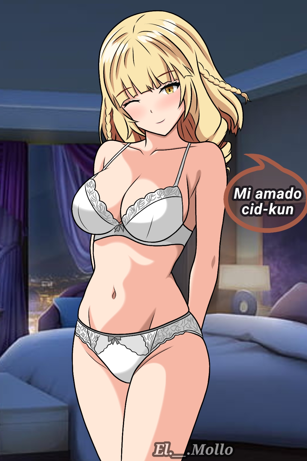 blonde breasts cid_kagenou el._.mollo kage_no_jitsuryokusha_ni_naritakute! rose_oriana smile spanish_text the_eminence_in_shadow white_underwear wink yellow_eyes