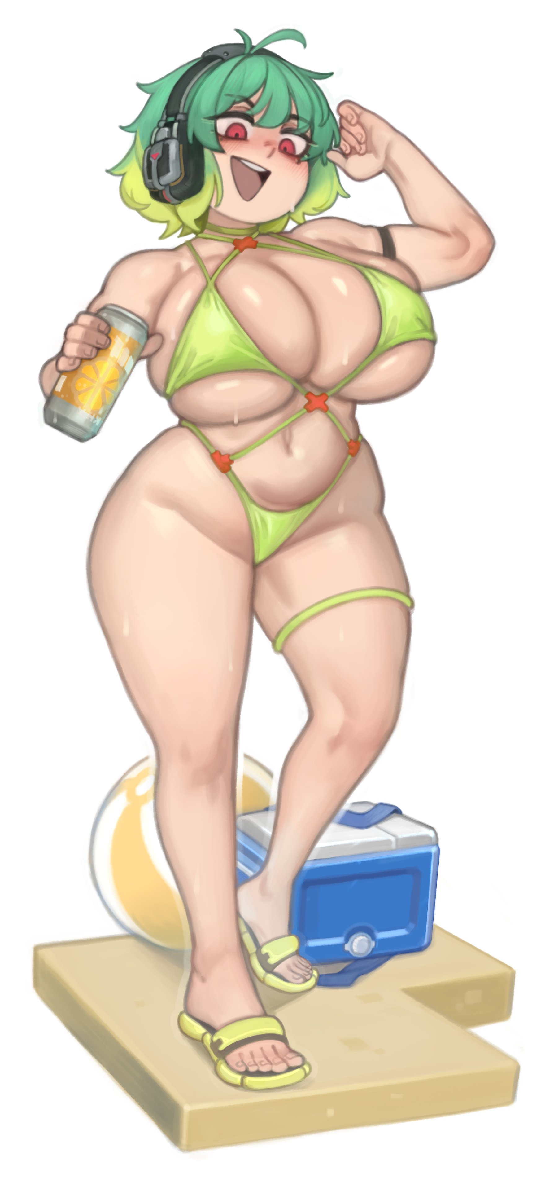 1girls, bikini, breasts, commission, feet, female, green bikini, green hair, hips, huge breasts, indie virtual youtuber, kelvin hiu, light skin, light-skinned female, original, original character, red eyes, reycall sounds, short hair, thick thighs, thighs, virtual youtuber, wide hips