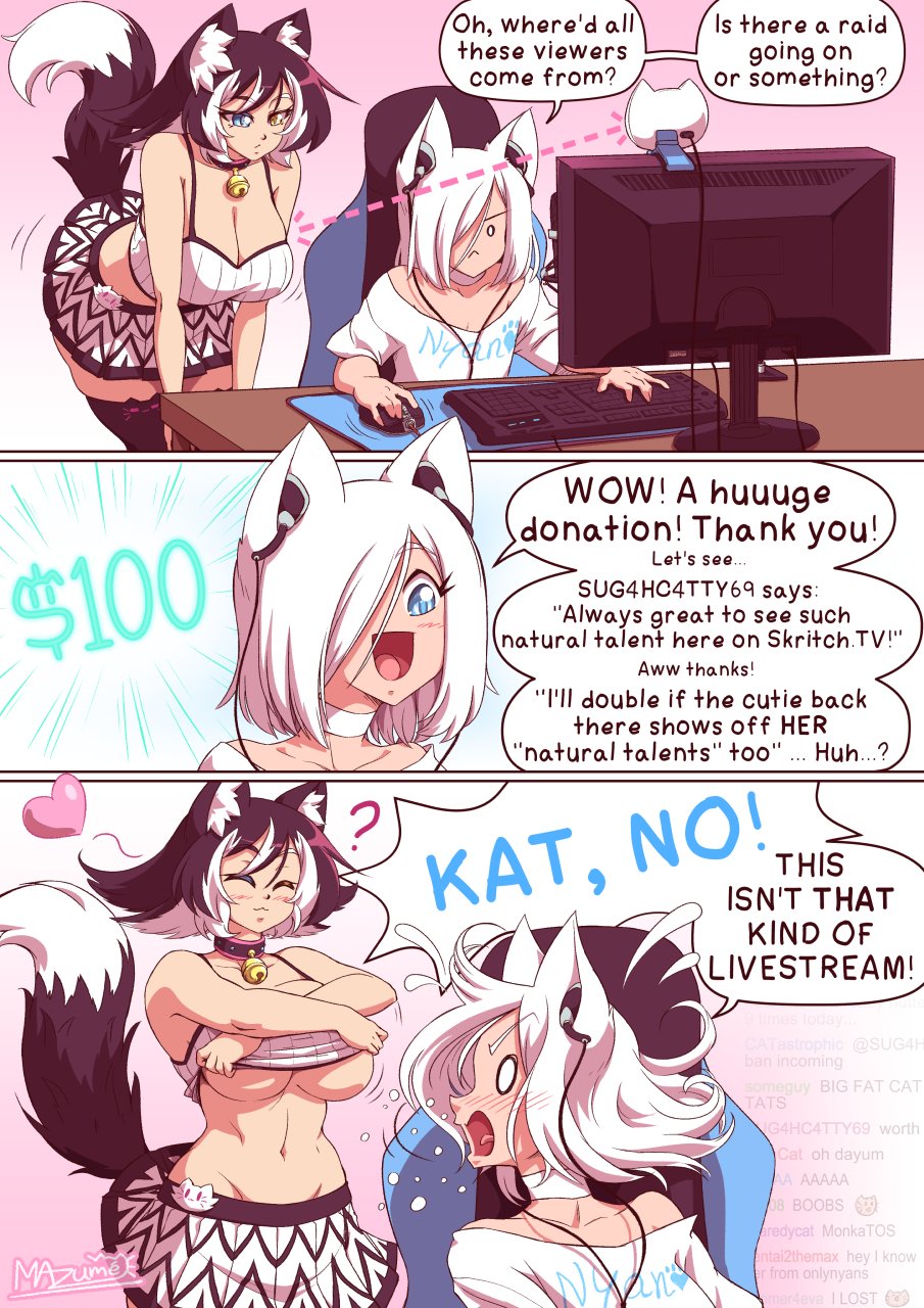 $ $100 2girls ? big_breasts blue_eyes breast_reveal breasts brown_hair cat_bell cat_collar cat_ears cat_girl cat_humanoid cat_tail catgirl cleavage closed_eyes clothed_female clothing collar collar_bell collar_with_bell comic computer demi_human demihuman domestic_cat domestic_cat_humanoid donation_alert donation_incentive duo feline feline_ears feline_humanoid feline_tail female female_focus female_humanoid focus_on_chest focusing headphones heterochromia house_cat humanoid humanoid_female imminent_breast_reveal kat_(mazume) kit_(mazume) mammal mammal_breasts mammal_humanoid mazume money monster offering offering_money open_eyes open_smile original_character revealing_breasts roommate roommates shirt_lift short_hair skirt small_breasts stream_chat streaming streaming_setup tagme tail thick_female thick_thighs thighhighs two_tone_hair underboob undressing white_hair