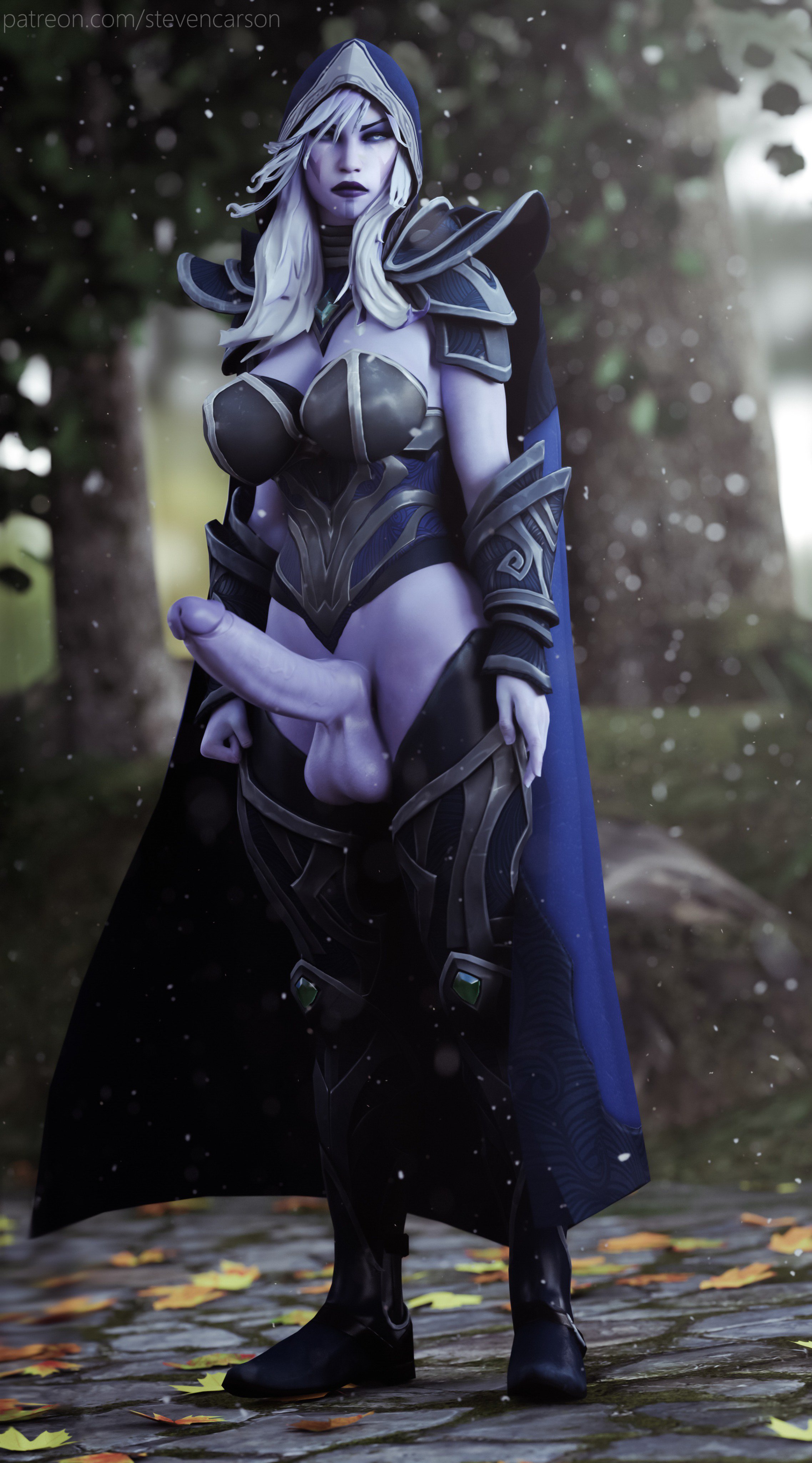 1futa, 3d, absurdres, armor, balls, bottomless, breasts, cleavage, curvy, dota 2, drow ranger, erection, futa only, futanari, highres, huge breasts, intersex, large penis, looking at viewer, muscular, muscular futa, penis, realistic, sagging balls, solo, solo futa, stevencarson, testicles
