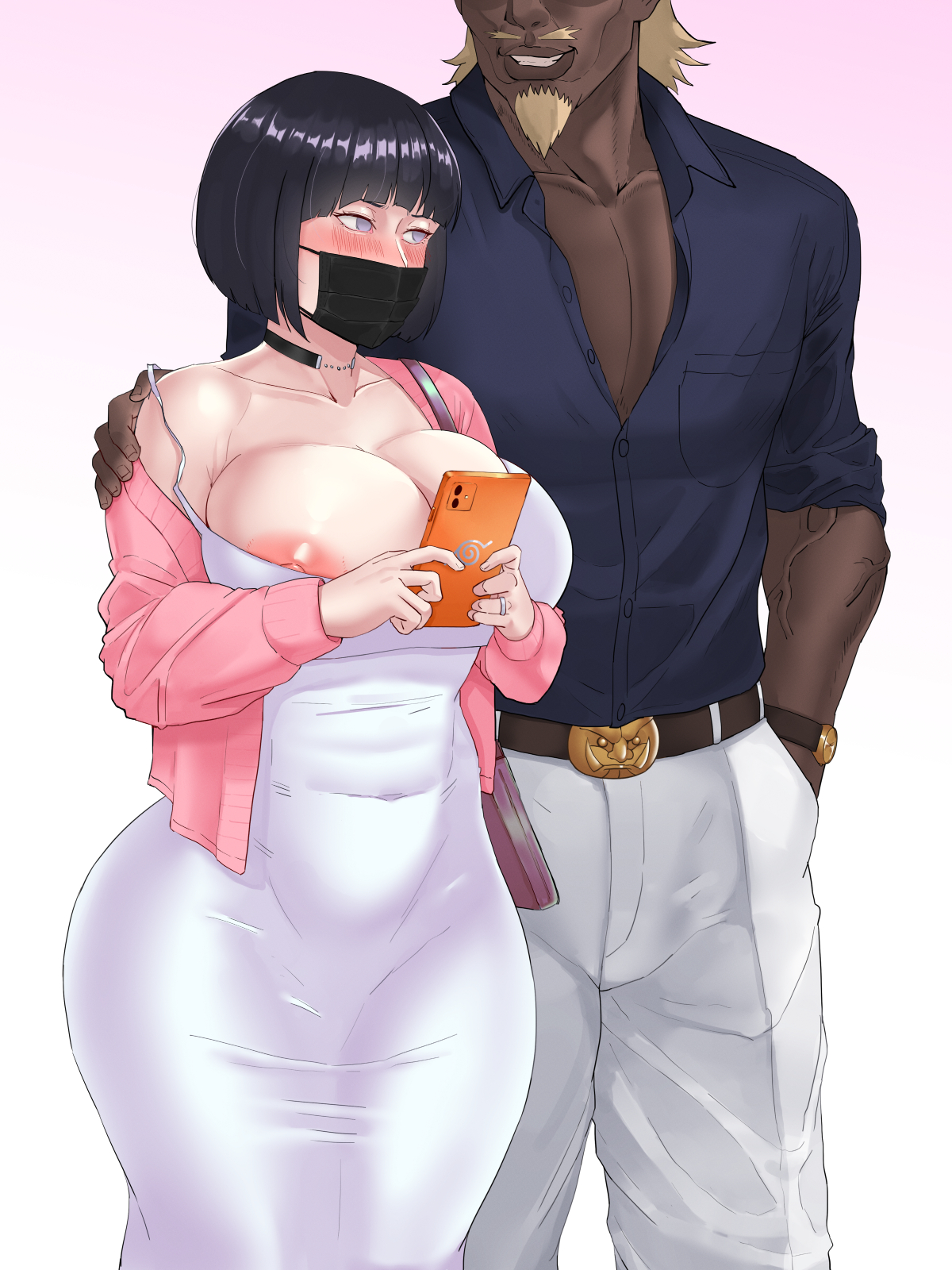 1boy, 1girls, ass, before sex, belt, big breasts, boruto: naruto next generations, breasts, bulge, cheating wife, clothed, clothing, dark skin, dark-skinned male, female, huge ass, huge breasts, hyuuga hinata, imminent sex, interracial, light skin, light-skinned female, male, mature female, milf, muscular, muscular male, naruto, naruto (series), netorare, ntr, pale skin, pants, raikage, thick thighs, tight clothing, uzumaki hinata, wide hips