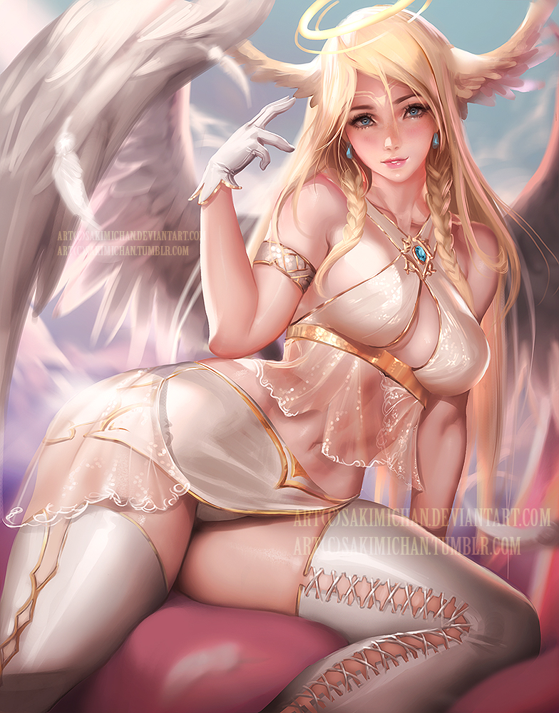 angel, angel wings, blonde hair, female, female only, original, sakimichan, solo, stockings, thighs