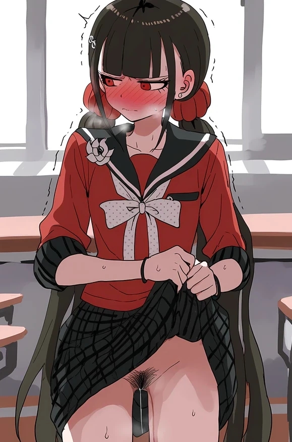 1girls, black skirt, blush, blushing, danganronpa, danganronpa v3, dripping pussy, embarrassed, exposed pussy, female, female only, harukawa maki, lifting skirt, no panties, pubic hair, pussy, red eyes, school, school uniform, schoolgirl, skirt, skirt lift, solo, twintails