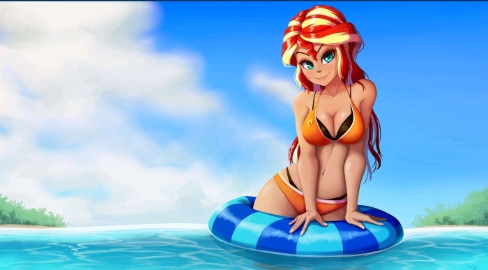 1girls 2022 belly buoy cloud deviantart deviantart_link equestria_girls female_only hasbro large_breasts my_little_pony navel orange_bikini red_hair solo_female sunset_shimmer the-park two_piece_swimsuit water wet_hair yellow_hair