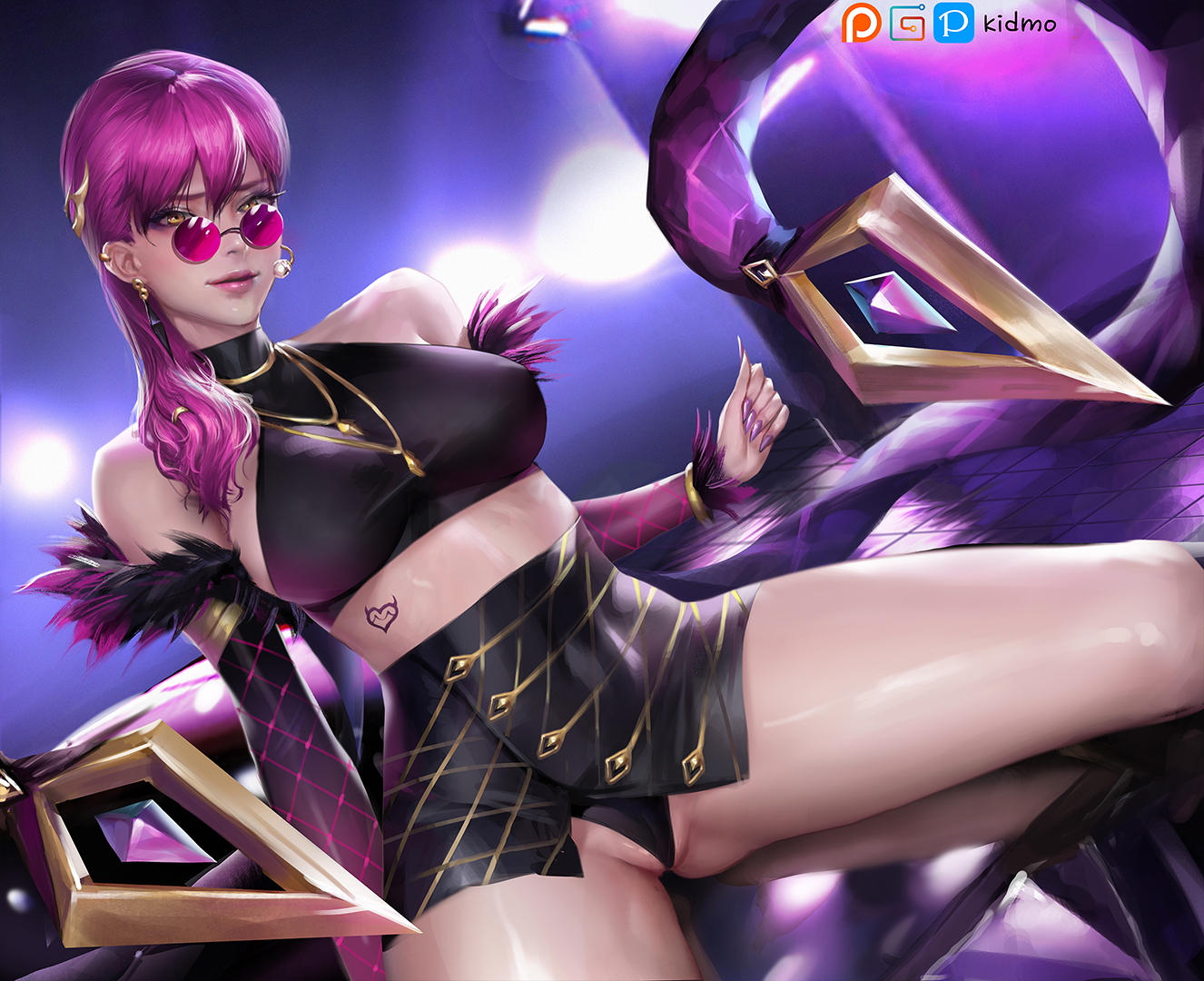 1girls, alternate costume, breasts, cleavage, evelynn, female, female only, k/da evelynn, k/da series, kidmo, league of legends, looking at viewer, looking over eyewear, looking over glasses, panties, partially visible vulva, pink-tinted eyewear, pussy, solo, spread legs, sunglasses, tinted eyewear