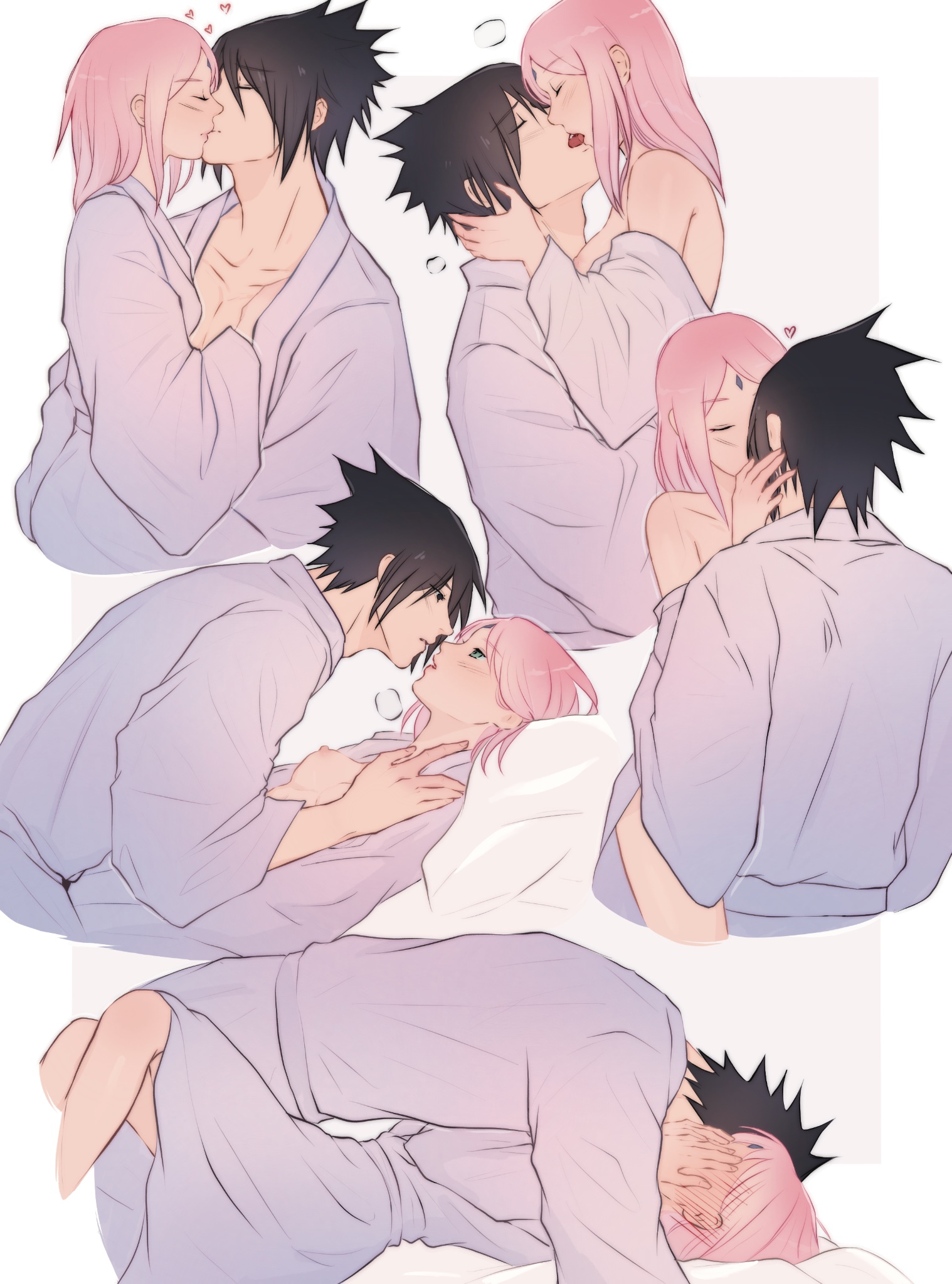 1boy, 1girls, bed, bed sheet, black eyes, black hair, blush, blushing profusely, breasts, canon couple, color, covering face, embarrassed, erect nipples, female, french kiss, full-face blush, grey background, hand on another's chest, hand on another's face, heart, highres, husband and wife, imminent sex, jyacira1, long hair, lying, lying on back, lying on bed, male, married couple, naruto, naruto (series), naruto: the last, nightgown, nipples, partially clothed, pink hair, robe, romantic, romantic couple, sakura haruno, sasuke uchiha, short hair, spiky hair, straight, visible breath, white background, white border, wholesome