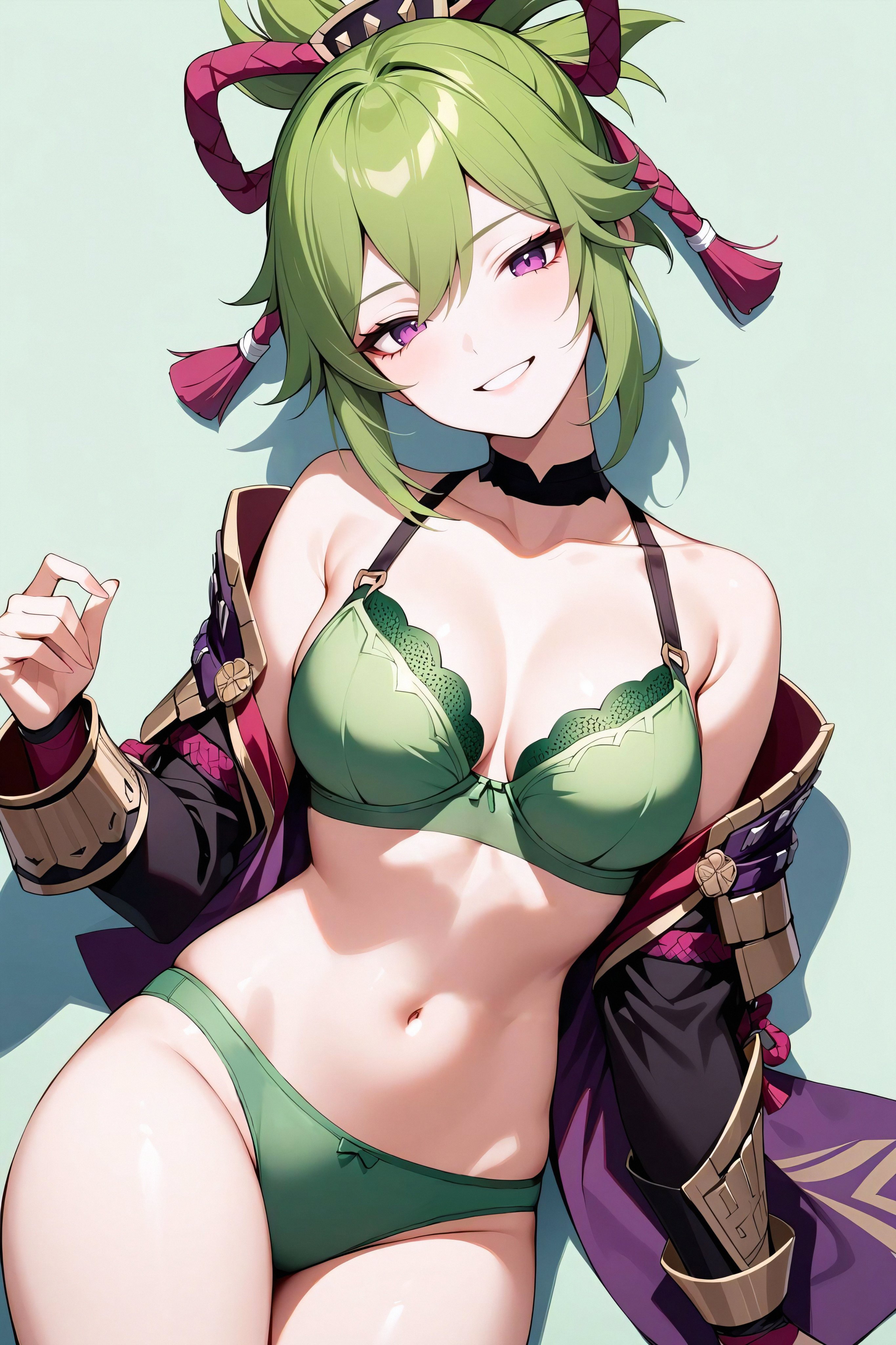 1girls, ai generated, belly button, bra, breasts, female, female focus, female only, front view, genshin impact, green bra, green hair, green panties, green underwear, high resolution, highres, jacket, kuki shinobu, light skin, light-skinned female, looking at viewer, medium breasts, navel, open jacket, panties, purple eyes, revealing clothes, simple background, slim female, smile, smiling, smiling at viewer, solo, solo female, solo focus, underwear, young, younger female