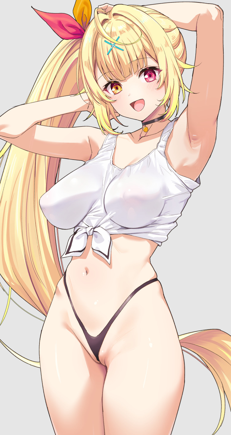 armpits arms_behind_head black_thong blush fuooooo hoshikawa_sara looking_at_viewer medium_breasts midriff_baring_shirt nijisanji open_mouth perky_breasts see-through_clothing smile thong virtual_youtuber vulva_line