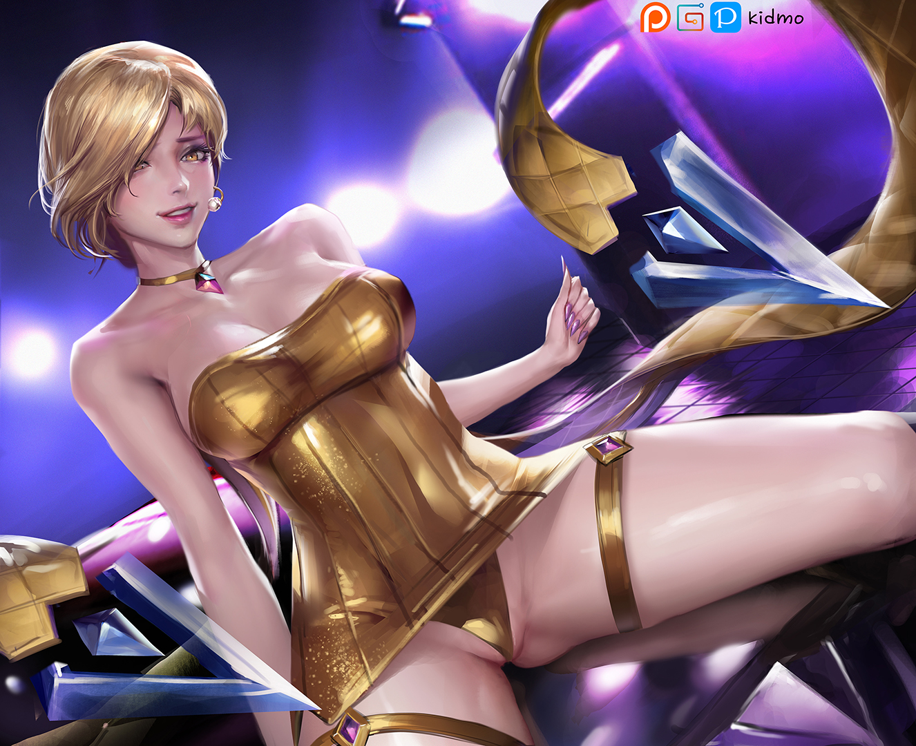 1girls, alternate costume, blonde hair, breasts, cleavage, evelynn, female, female only, k/da evelynn, k/da series, kidmo, league of legends, looking at viewer, medium breasts, nail polish, panties, partially visible vulva, pussy, short hair, solo, spread legs, yellow eyes