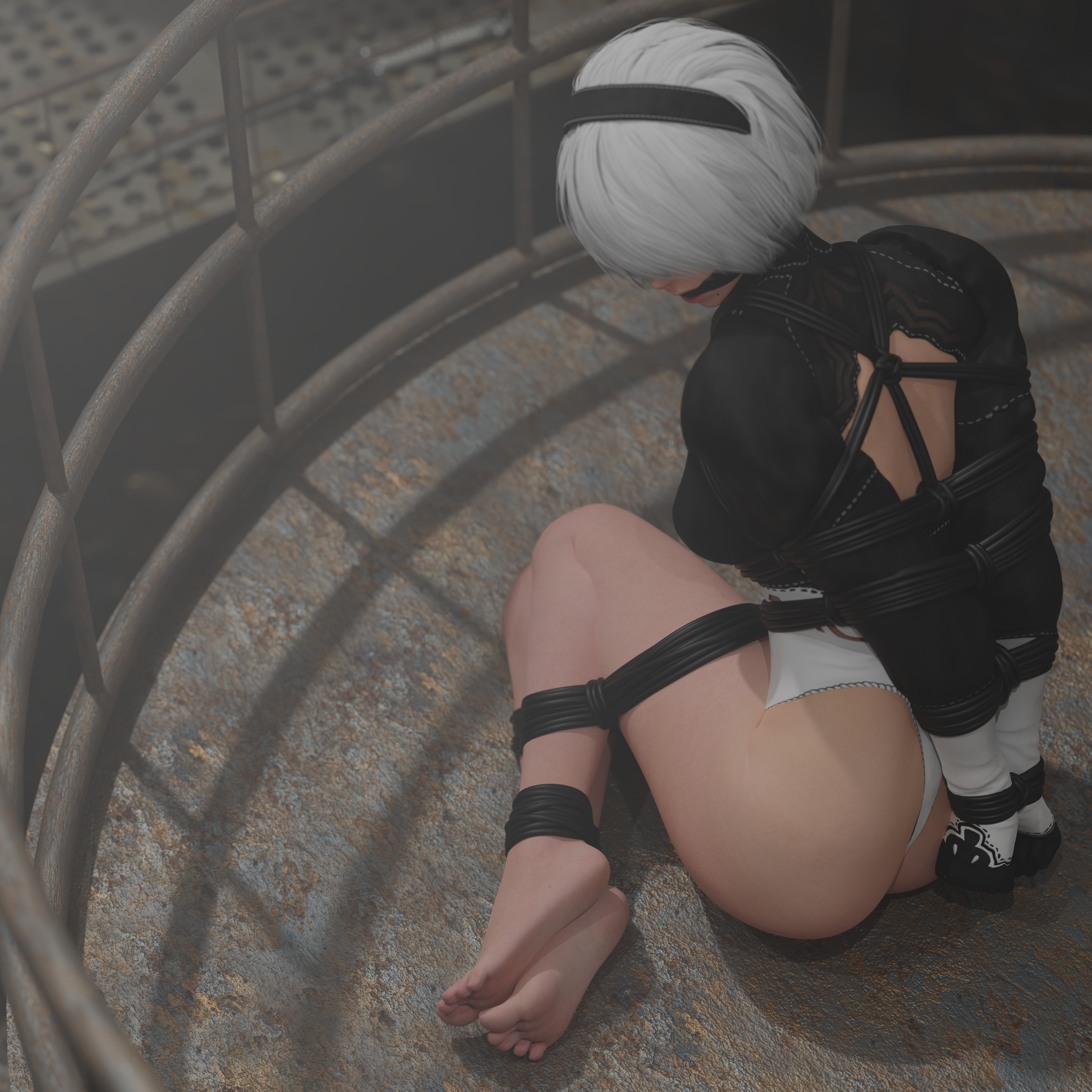 3d, bondage, bound, bound arms, bound legs, cloth gag, clothed bondage, female, gag, gagged, ironlawbringer, leotard, nier: automata, white hair, yorha 2b