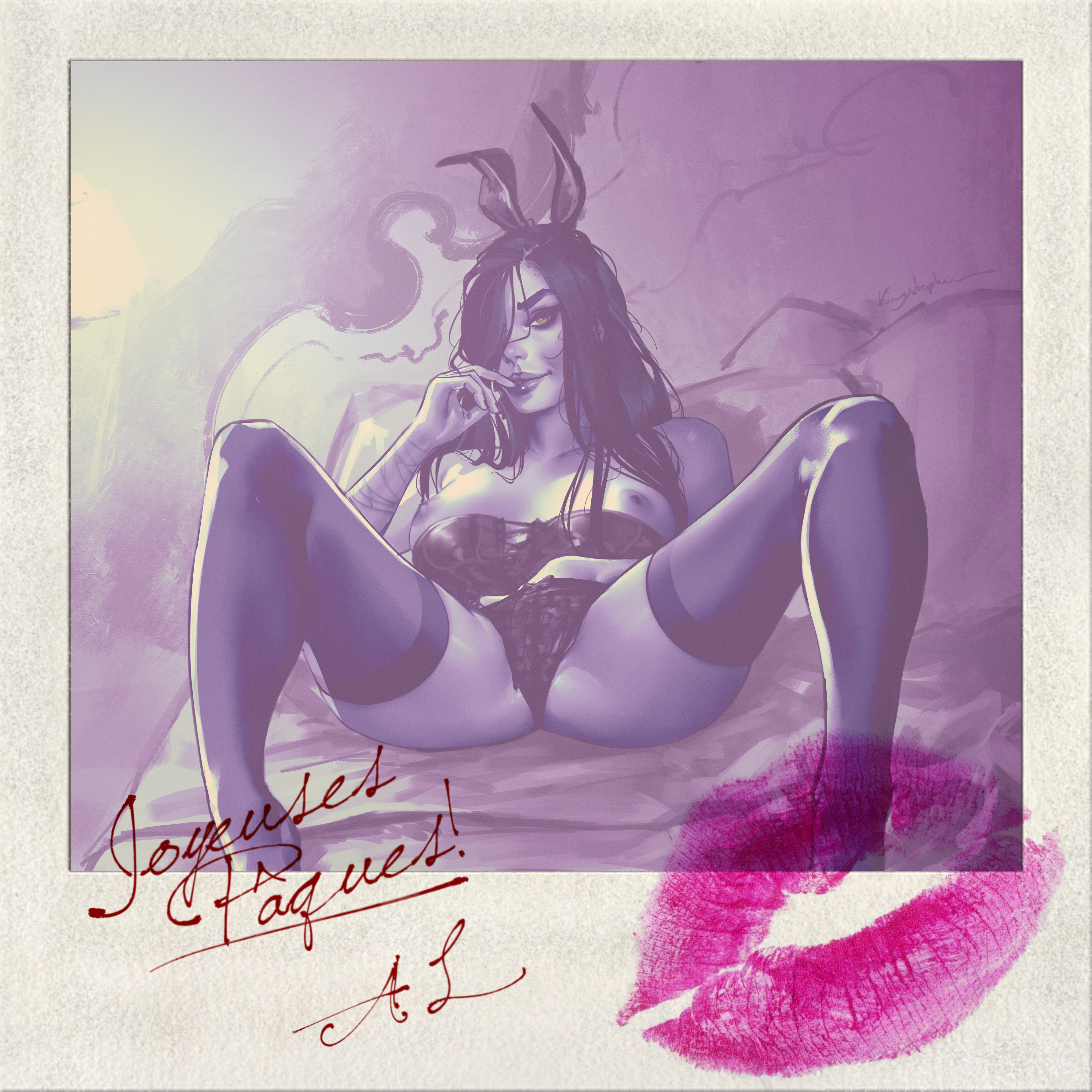 1girls, breasts, bunny ears, female, krysdecker, masturbation, nipples, nude, nude female, overwatch, panties, stockings, underwear, widowmaker