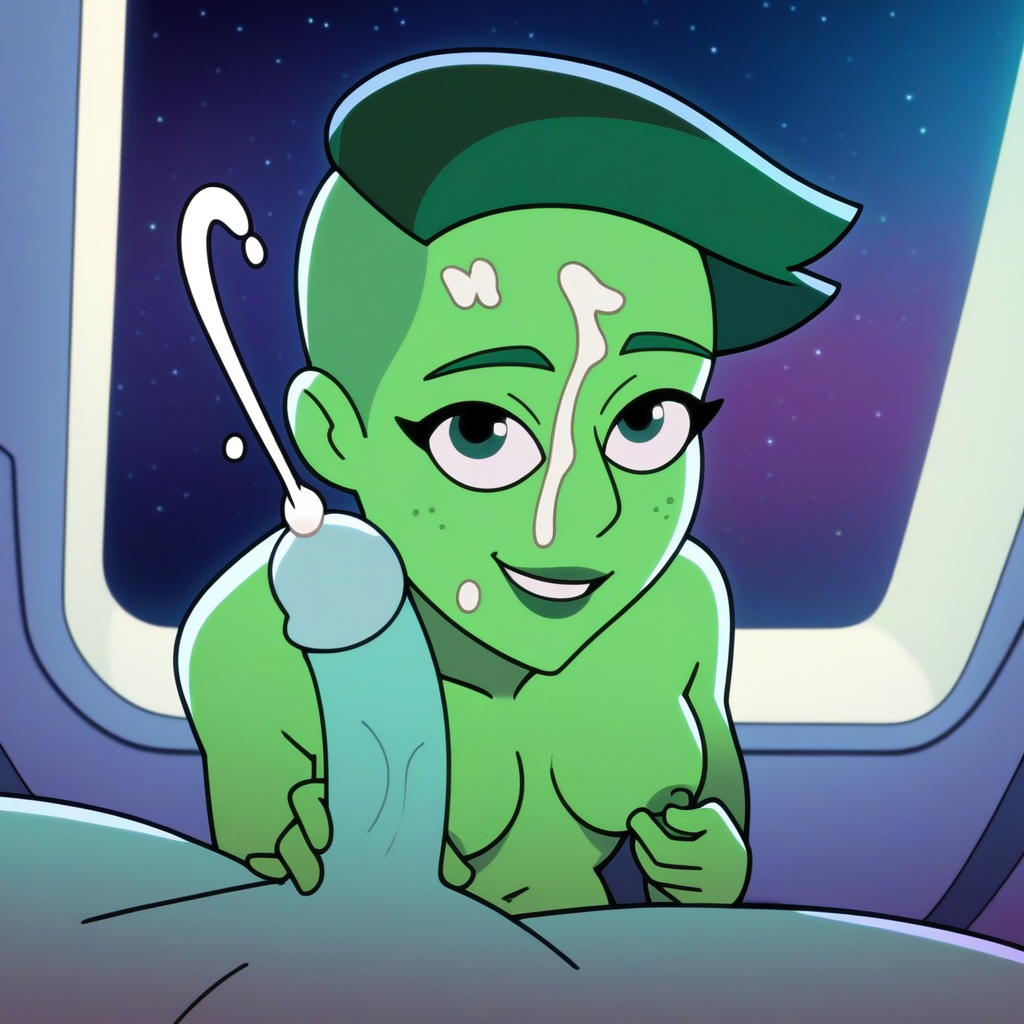 1boy 1girls ai_generated alien areolae breasts cum cum_on_face d'vana_tendi erection facial female green_eyes green_hair green_skin handjob male nipple_tweak nipples orion_(species) penis star_trek star_trek_lower_decks straight