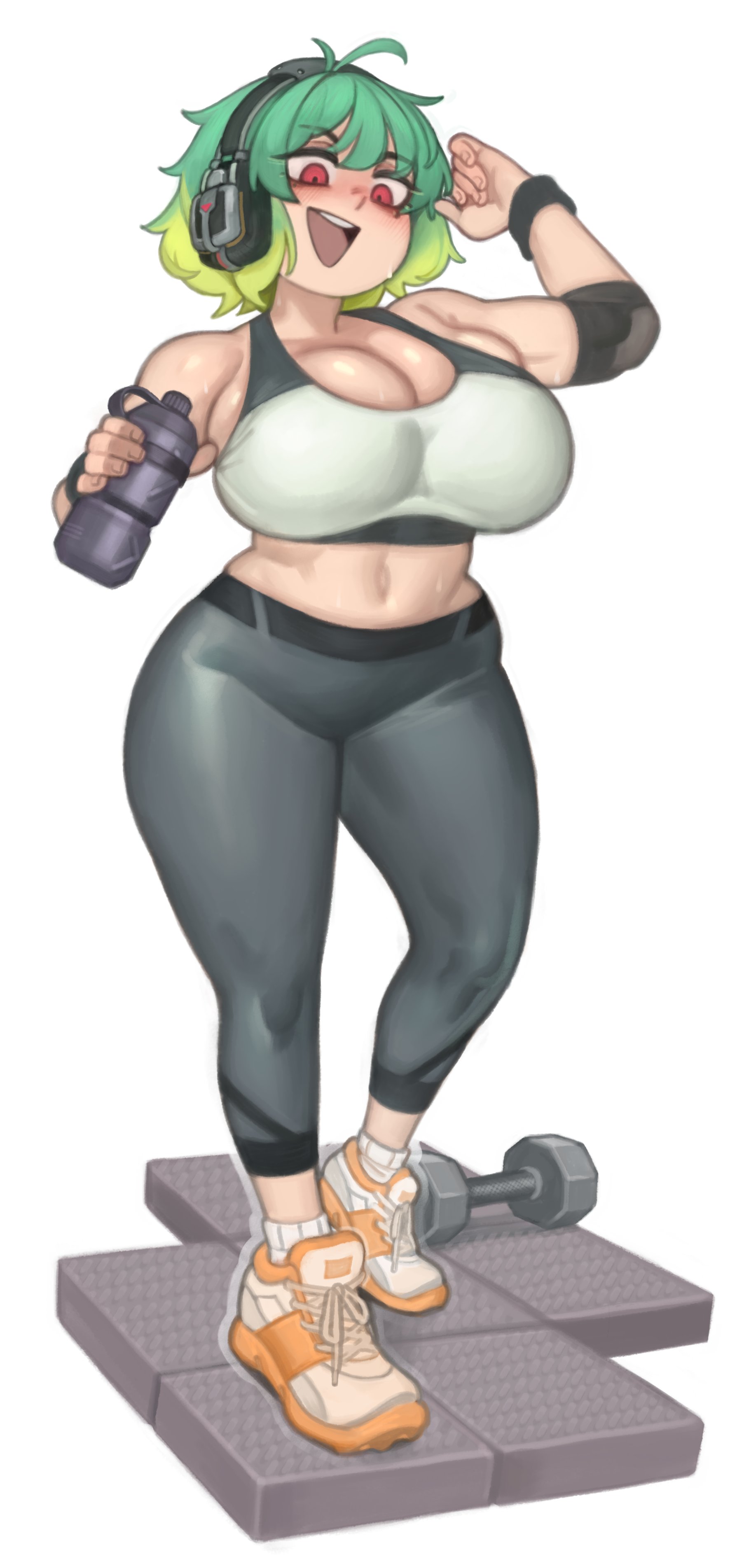 1girls, breasts, commission, female, green hair, grey leggings, hips, huge breasts, indie virtual youtuber, kelvin hiu, light skin, light-skinned female, original, original character, red eyes, reycall sounds, short hair, sports bra, sportswear, thick thighs, thighs, virtual youtuber, wide hips, yoga pants