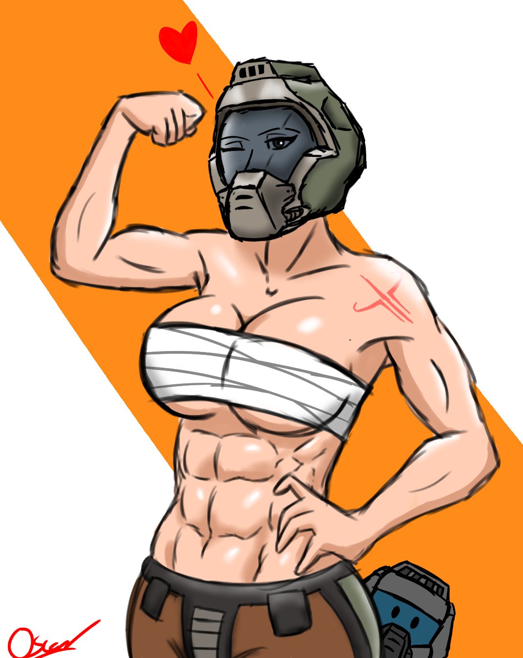 1girls abs arm_up bandage bandages crash_(quake) datonestarfox2 doom doom_slayer_(doom) female female_only flexing hand_on_hip heart helmet muscular_female quake quake_3 rule_63 sarashi scar scar_across_eye tattoo topless