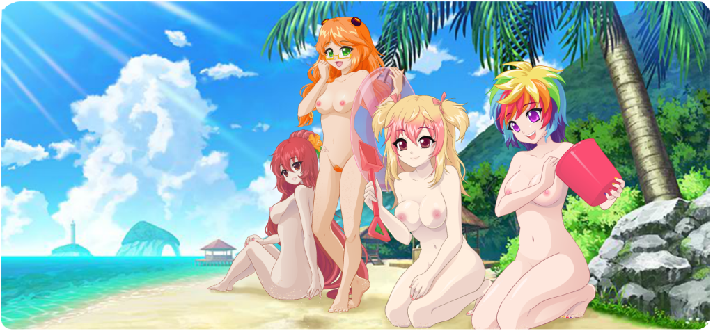 4girls accurate_art_style beach blonde blonde_hair blue_sky bonnibel_(crush_crush) breasts bucket cloud crush_crush female female_focus female_only inflatable iro_(crush_crush) long_hair mio_(crush_crush) multiple_girls naked nina_(crush_crush) nude nude_female nutaku orange_hair pinup pubic_hair rainbow_hair red_hair sad_panda_studios sand shovel