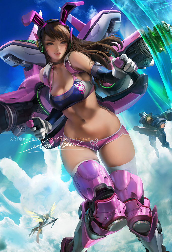 3girls, big breasts, blizzard entertainment, breasts, cleavage, d.va, dark skin, dark-skinned female, egyptian, female, female only, flying, looking at viewer, mercy, overwatch, panties, pharah, sakimichan, solo, wide hips