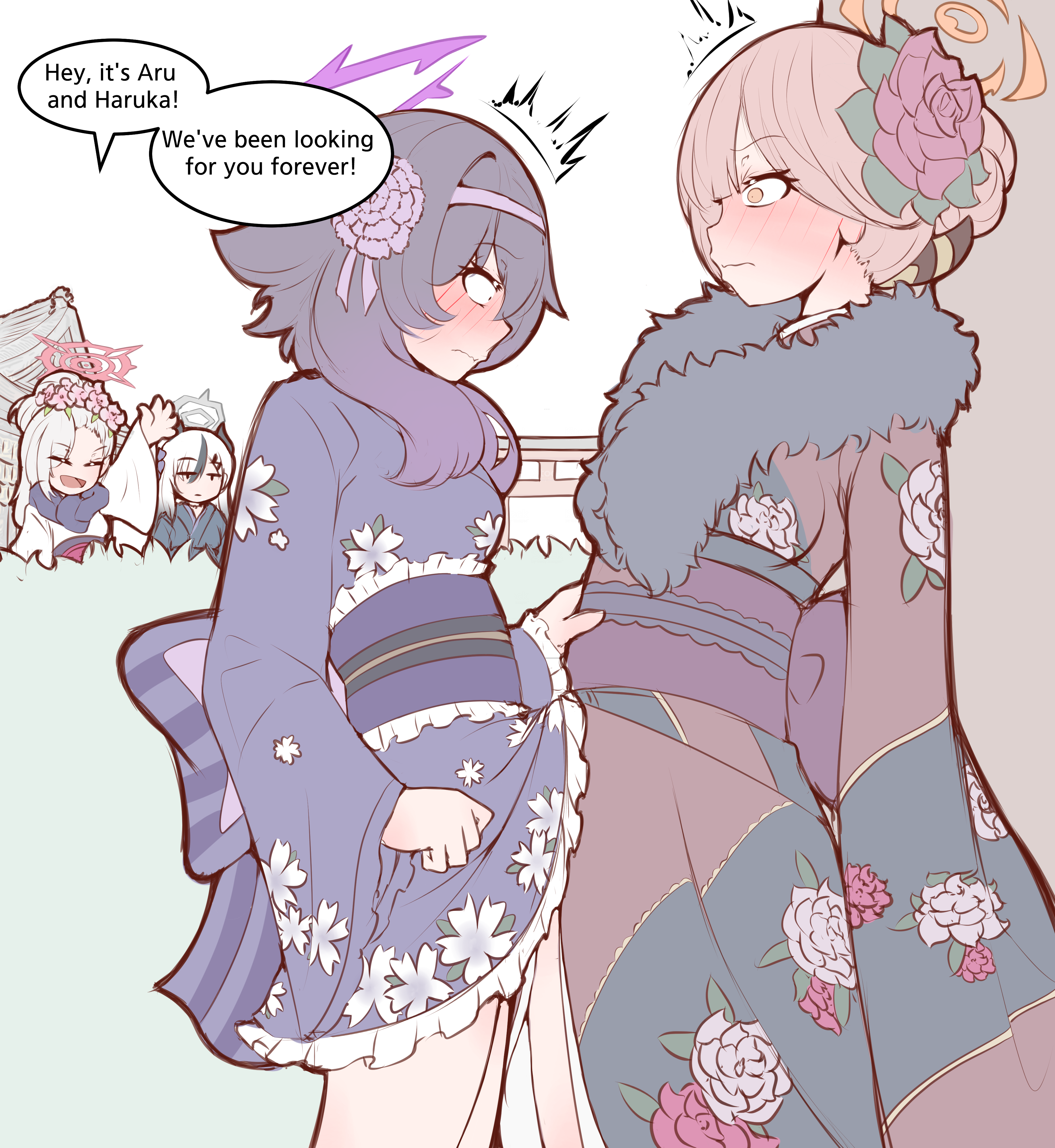 1futa, 3girls, aru (blue archive), black hair, blue archive, blush, clothed, clothed sex, clothing, dialogue, english text, exhibitionism, female, futa on female, futanari, hair ornament, halo, haruka (blue archive), horns, intersex, kayoko (blue archive), kimono, light skin, light-skinned female, light-skinned futa, mostly clothed, mutsuki (blue archive), open mouth, outdoors, physisyoon, purple eyes, purple hair, red hair, sex, sex under clothes, simple background, speech bubble, standing, standing missionary, stealth sex, streaked hair, text, tied hair, white hair, yellow eyes, yukata
