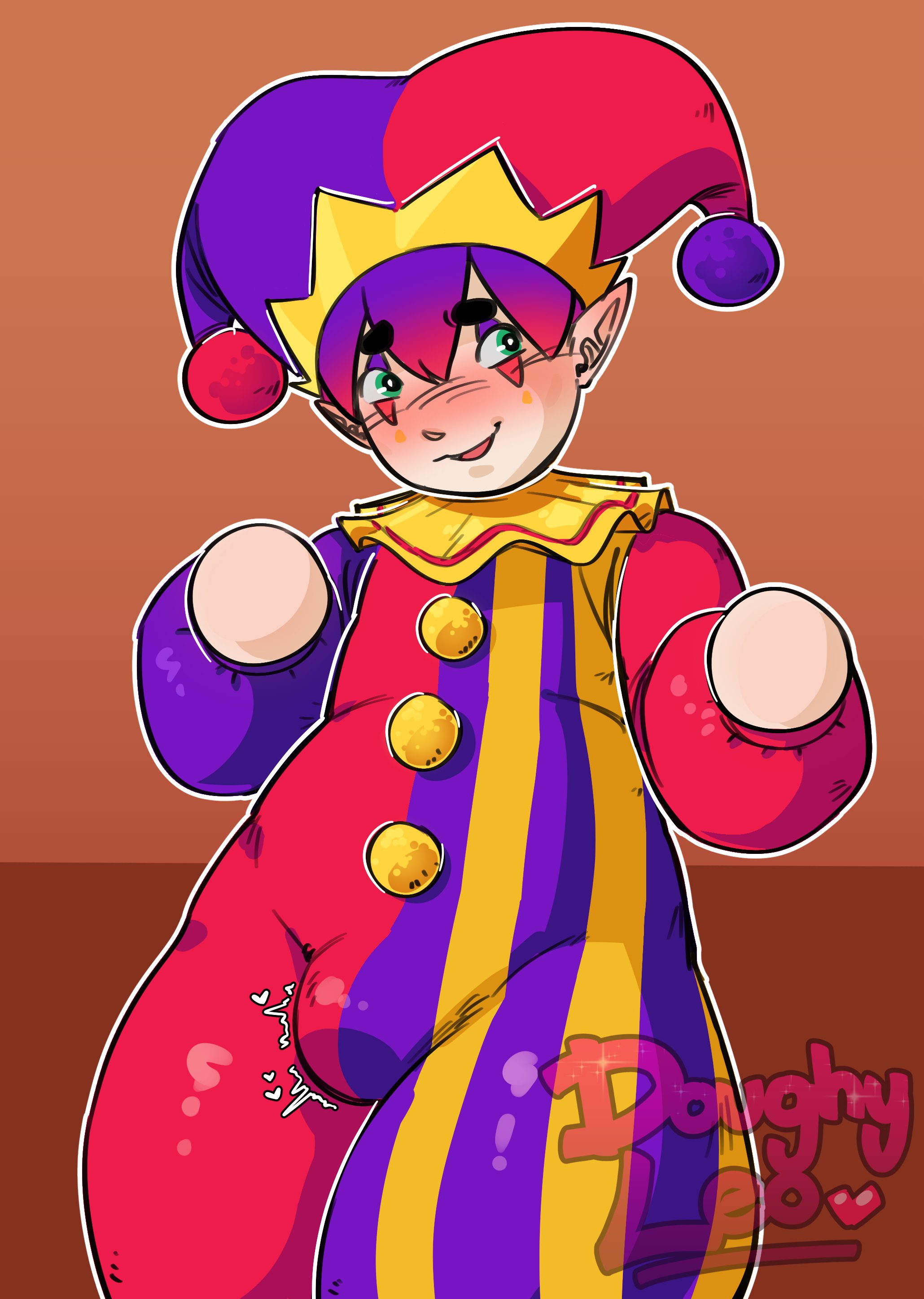 1boy, bbm, blush, blushing, boner, bulge, chubby, chubby male, clown makeup, doughyleo, femboy, gay, hugh morris, jester, jester hat, jester outfit, looking away, male, male only, mii, tomodachi life, tomodachi life: living the dream