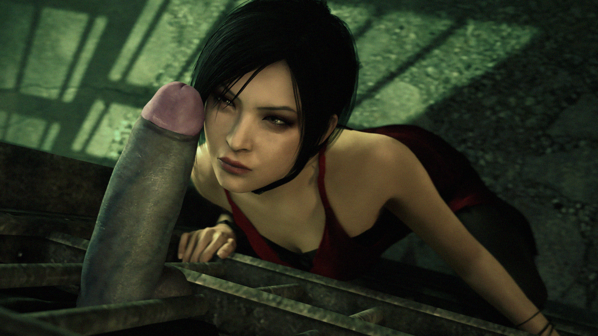 1girls, 1monster, 3d, 3d (artwork), ada wong, ada wong (adriana), asian, asian female, bars, black hair, capcom, cock hungry, curious, erection, female, from above, glans, grey skin, hungry, jail cell, large penis, leeterr, long penis, looking at penis, male, monster, monster on female, mr x, penis, penis awe, red dress, resident evil, resident evil 2, resident evil 2 remake, short hair, source filmmaker, tyrant