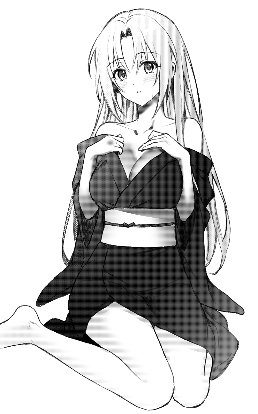 07th_expansion bare_legs bare_shoulders bare_thighs barefoot big_breasts black_and_white blush breasts cleavage collarbone feet_out_of_frame higurashi_no_naku_koro_ni japanese_clothes kimono long_hair no_bra nonanonnon6u6 obi off_shoulder open_clothes parted_lips shion_sonozaki thighs wariza yukata