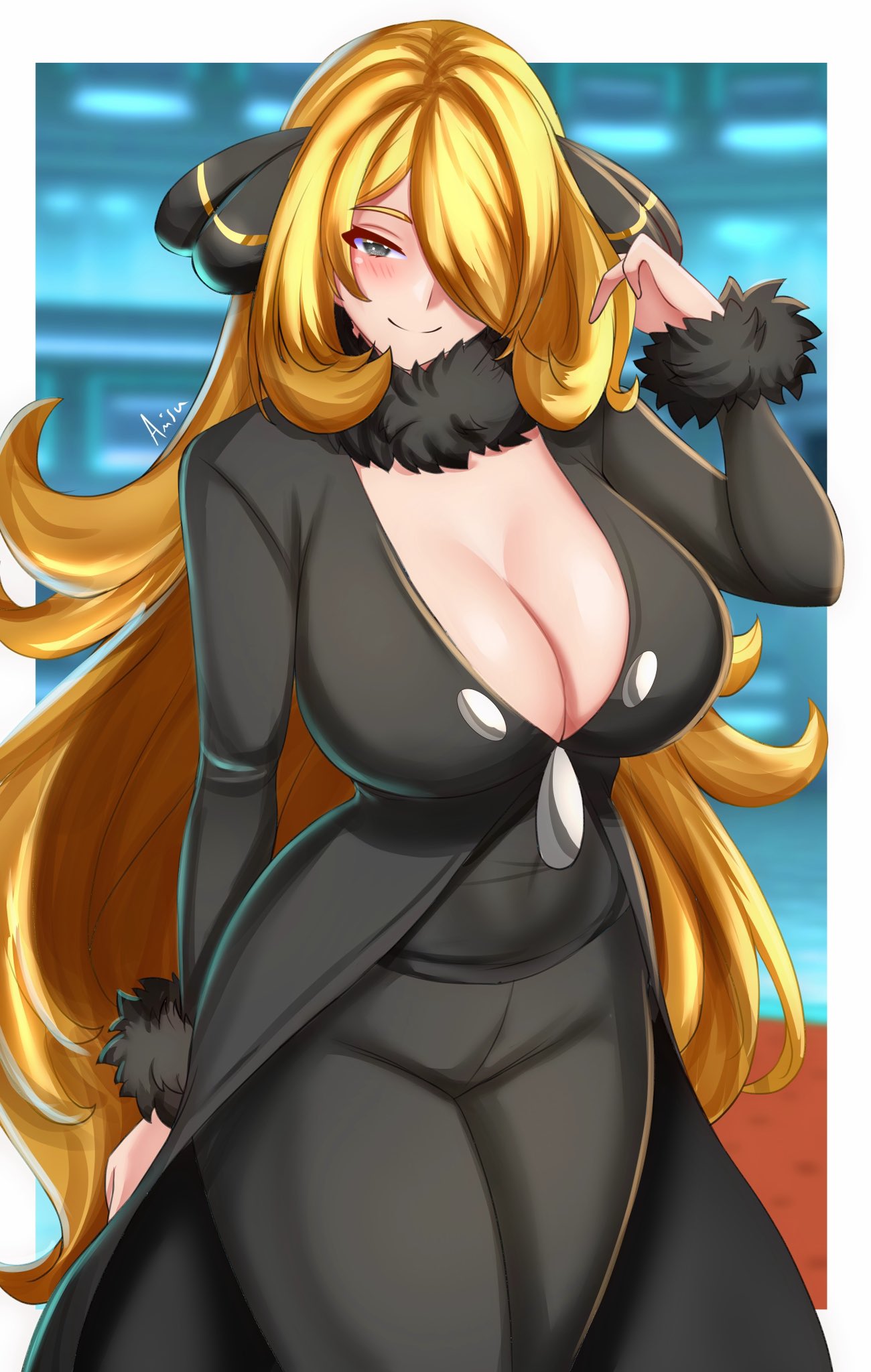 1girls, alternate breast size, anisdrawn, blonde hair, breasts, cleavage, cynthia (pokemon), female, fur collar, hair over one eye, large breasts, light skin, light-skinned female, long hair, nintendo, pokemon, pokemon dppt