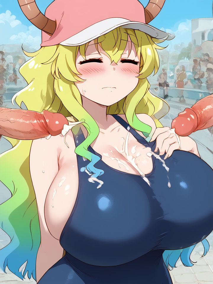 2boys ai_generated big_breasts blue_one-piece_swimsuit blush breasts_bigger_than_head closed_eyes closed_mouth cum cum_on_body cum_on_breasts cumshot double_cumshot eyebrows_visible_through_hair gigantic_breasts gradient_hair green_hair hat hollowbeak horns huge_breasts kobayashi-san_chi_no_maidragon long_hair lucoa lucoa_(maidragon) miss_kobayashi's_dragon_maid one-piece_swimsuit quetzalcoatl_(dragon_maid) shiny_skin sweat swimming_pool swimsuit swimwear