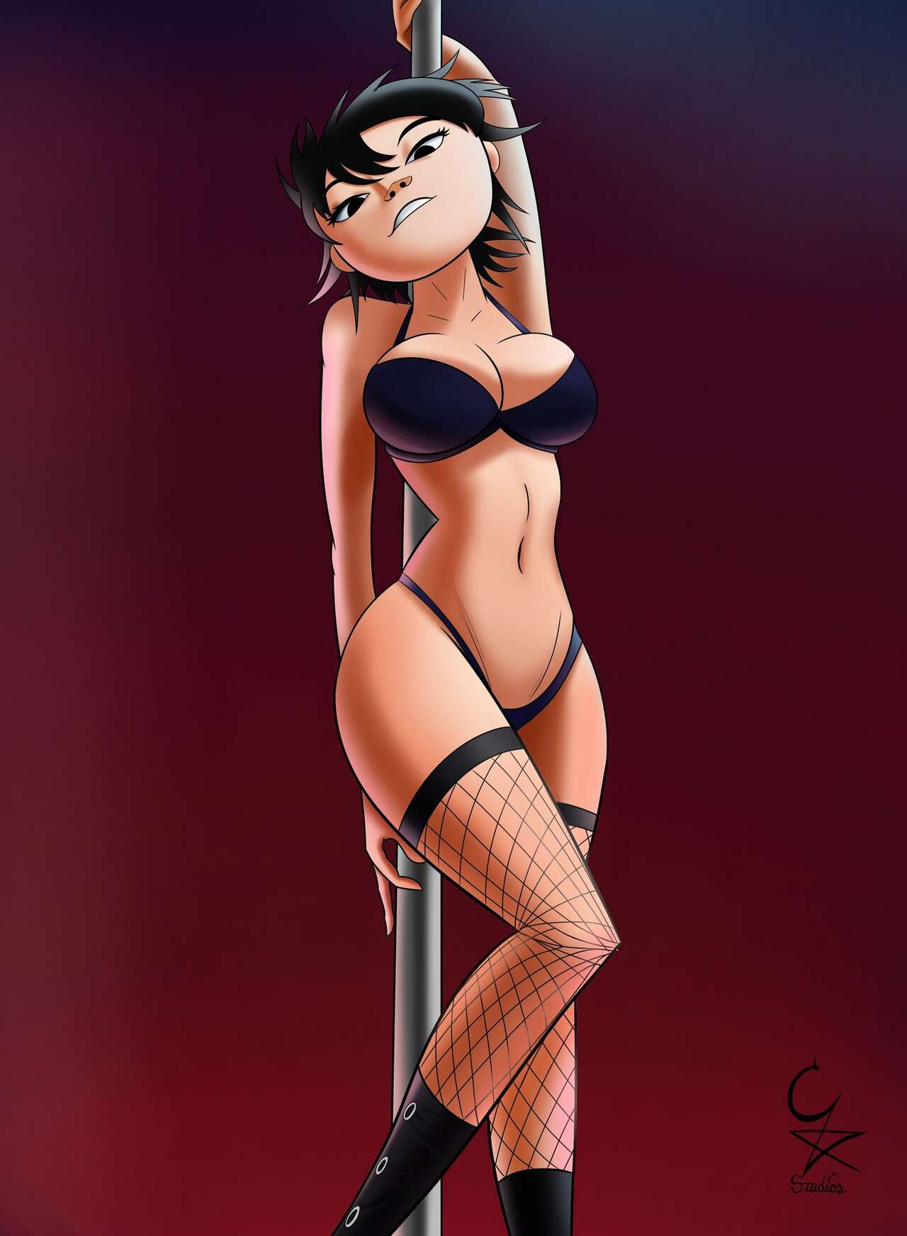 1girls black_hair cockstar_studios female fishnet_legwear gorillaz hi_res human looking_at_viewer noodle_(gorillaz) pole_dancing tagme