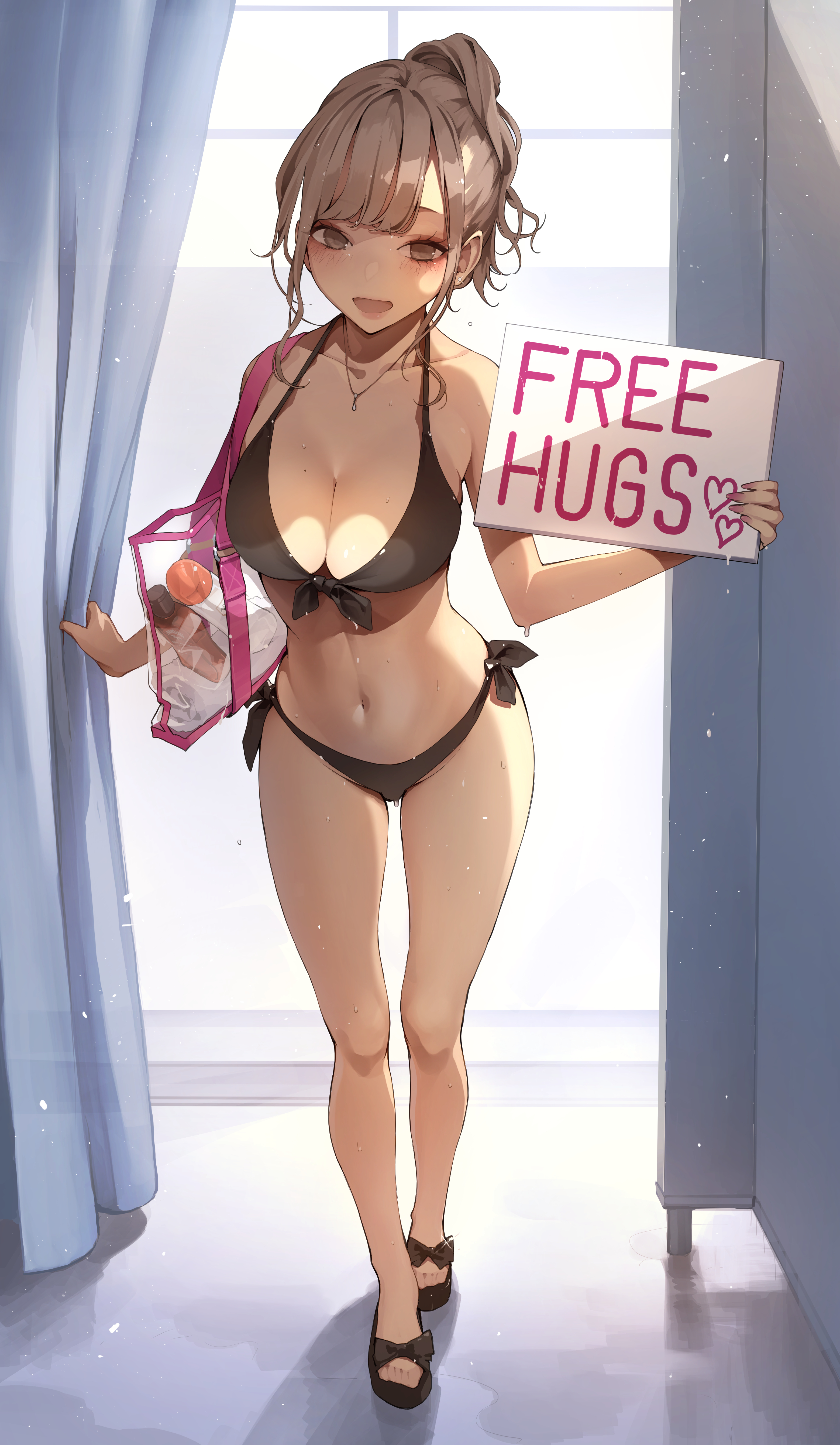 1girls, absurd res, absurdres, bare arms, bare belly, bare legs, bare midriff, bare shoulders, bare skin, bare thighs, belly, belly button, bikini, bikini bottom, bikini only, bikini top, black bikini, black bikini bottom, black bikini top, black shoes, black swimsuit, black swimwear, blush, blush lines, blushing female, breasts, brown eyes, brown hair, brown-eyed female, brown-haired female, cleavage, collarbone, dot nose, elbows, female, female focus, female only, fingernails, fingers, full body, groin, high resolution, highres, hourglass figure, knees, koh (minagi kou), legs, light skin, light-skinned female, lips, long hair, looking at viewer, medium breasts, naked, naked female, navel, nude, nude female, open mouth, original, original art, original artwork, original character, original characters, pussy, shoes, shoulders, sign, simple background, slender body, slender waist, slim female, slim waist, smile, smiling, smiling at viewer, solo, standing, swimsuit, swimwear, thighs, thin waist, tied hair, v-line, wavy hair, white background, wide hips