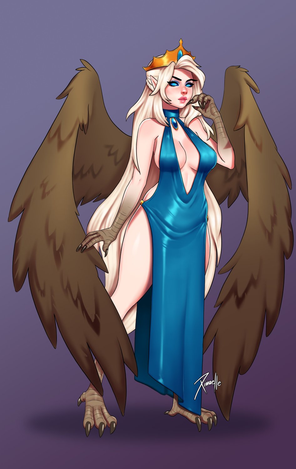 1girls 2019 blue_eyes breasts cleavage clothing dota dota_2 feathered_wings feathers female female_only hair lipstick long_hair no_bra shendelzare solo tiara vengeful_spirit video_games wings xinaelle