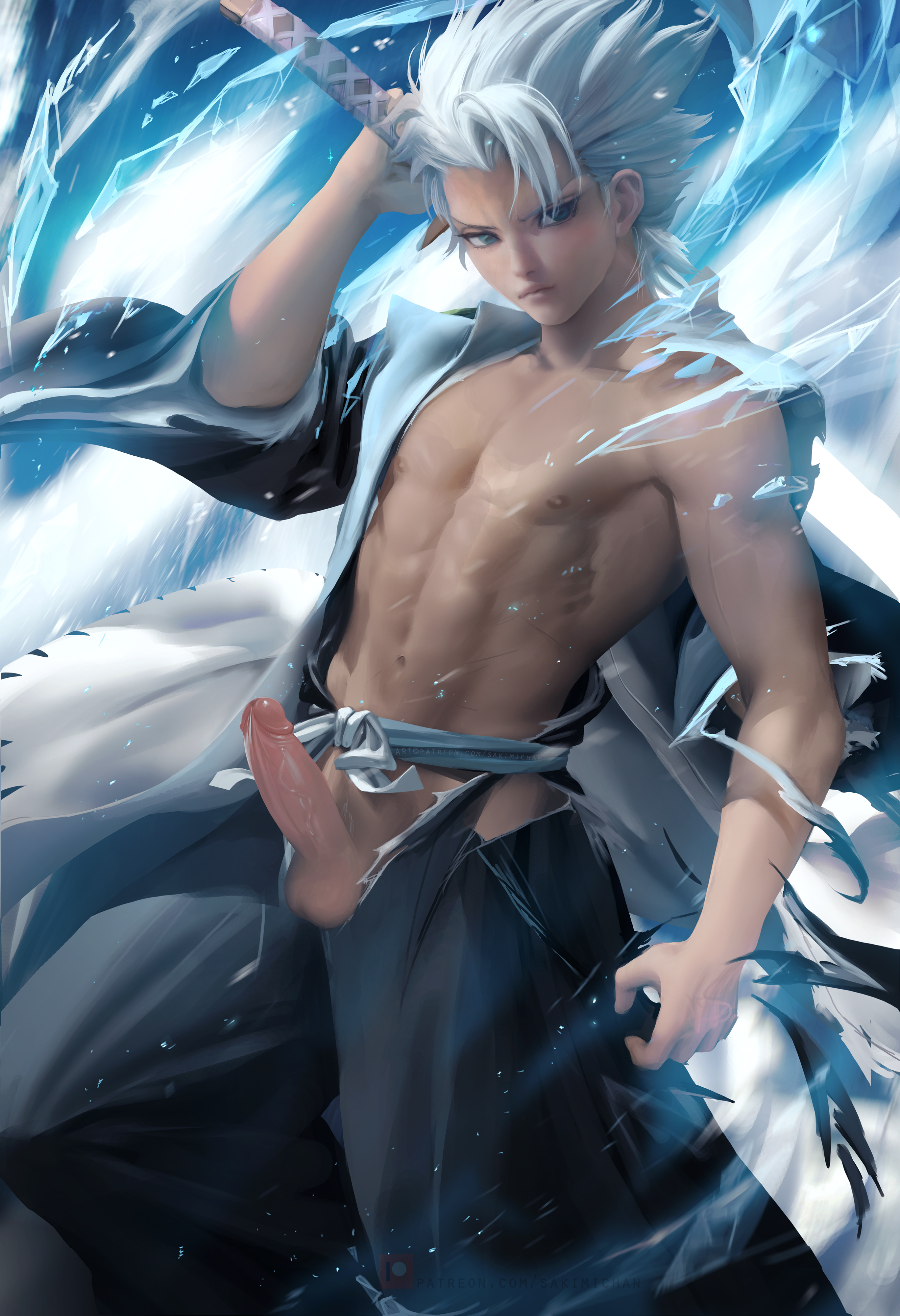 1boy, balls, bleach, blue eyes, color, ice, male, male focus, male only, nude, nudity, penis, sakimichan, silver hair, solo, solo male, tanned skin, testicles, toshiro hitsugaya, uncensored, white hair