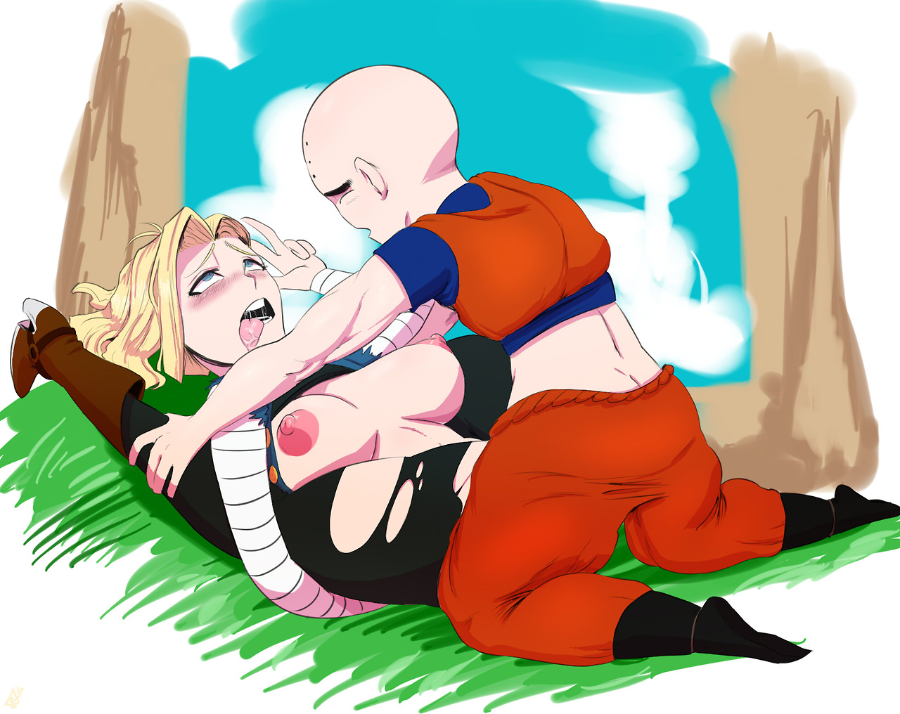 1boy, 1girls, ahe gao, android 18, blonde hair, blue eyes, blush, boots, breasts, canon couple, clothing, dragon ball, dragon ball z, female, fucked silly, husband and wife, krillin, kuririn, male, ripped clothing, short hair, thehumancopier, tongue, tongue out