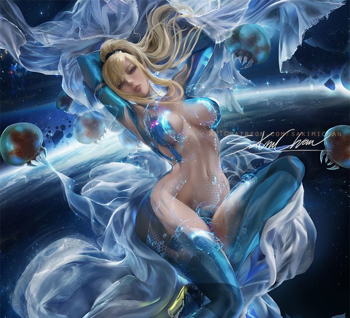 1girls, abdomen, arms behind head, blonde, blonde hair, breasts, cleavage, female, female only, metroid, navel, nintendo, ponytail, sakimichan, samus aran, solo