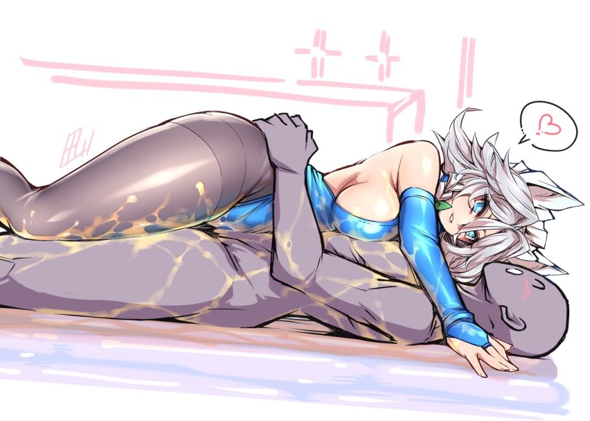 ^o^, 1boy, alternate costume, black legwear, blue eyes, blue leotard, blush, breasts, bridal gauntlets, closed eyes, clothed female nude male, female, from side, hands on another's hips, heart, large breasts, latex, leotard, looking at another, lube, male, nude, on person, pantyhose, sakuya izayoi, shiny, shiny hair, shiny skin, short hair, signature, silver hair, spoken heart, tajima yuuki, thighband pantyhose, thighs, touhou, wide hips