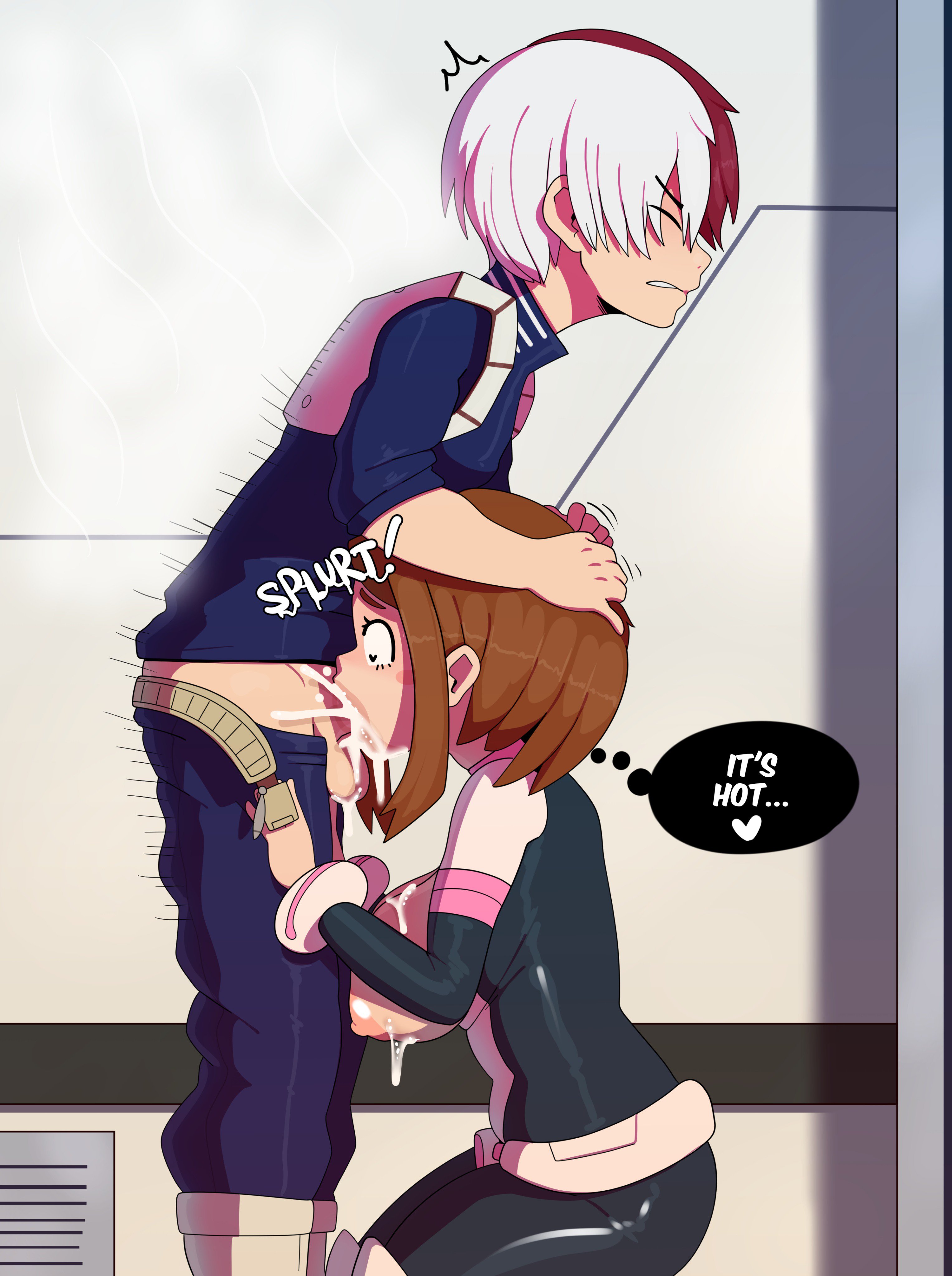 1boy, 1girls, areolae, balls, belt, belt buckle, bodysuit, breasts, breasts out, brown hair, brown-haired female, closed eyes, cum, cum in mouth, cum in throat, cum on breasts, cum overflow, cum splatter, deepthroat, ejaculation, exposed breasts, eyebrows, eyebrows visible through hair, eyelashes, fellatio, female, female human, hand on head, hero outfit (mha), highres, human, light skin, light-skinned female, light-skinned male, lips, male, motion lines, my hero academia, nipples, ochako uraraka, ochako uraraka (hero outfit), onomatopoeia, outdoors, pants, pants pull, penis, red hair, red-haired male, saliva, shouto todoroki, somescrub, superhero costume, superheroine, teenage female, teenager, testicles, text, thought bubble, two-tone hair, variant set, white hair, white-haired male, wide eyed